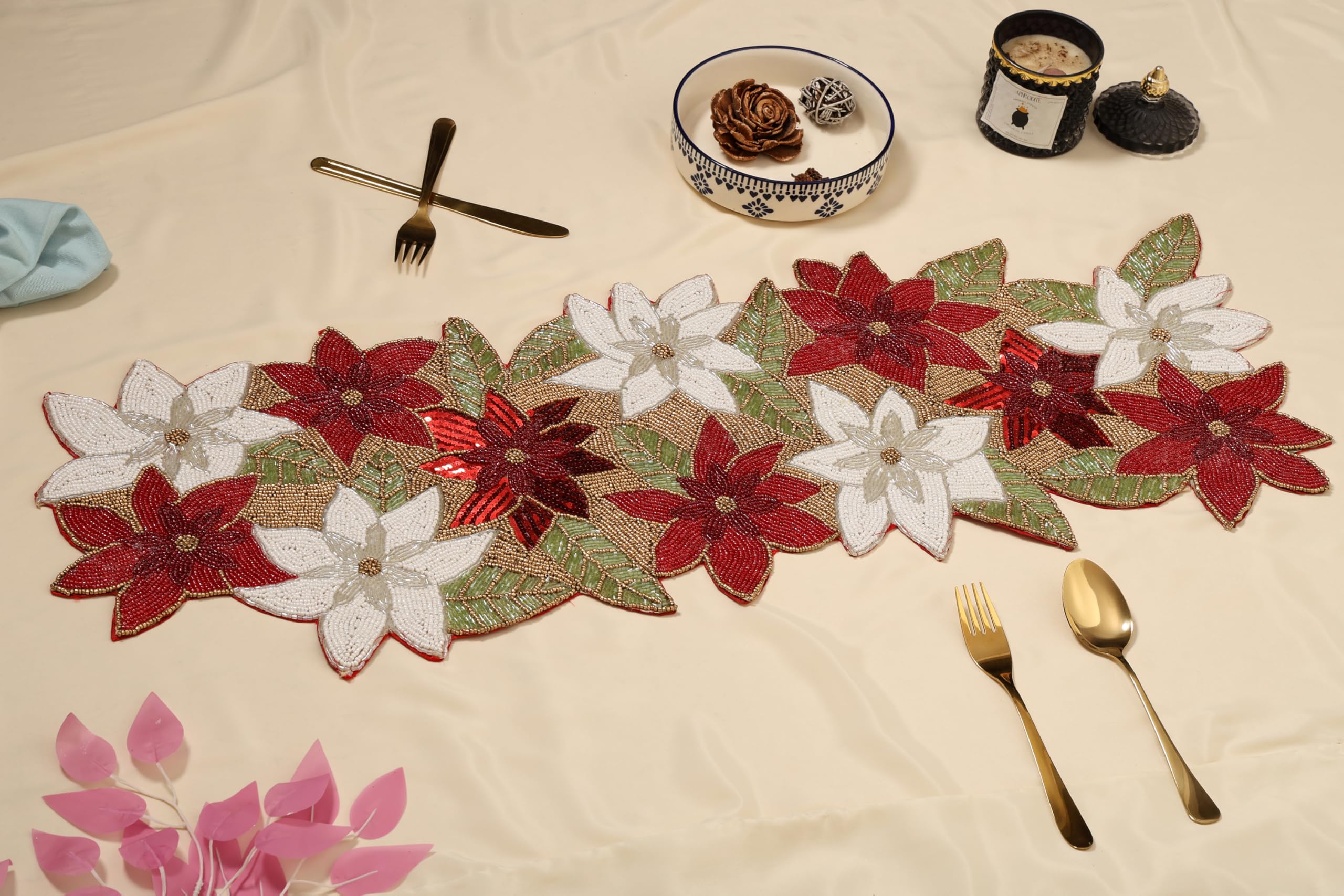 Cotton Beautiful Silver Beaded Table Runner Craftsmanship, Thanksgiving, Occasional Decoration Red Multi Flowers, Medium, Pack of 1 Measure 13 X 36 Inch