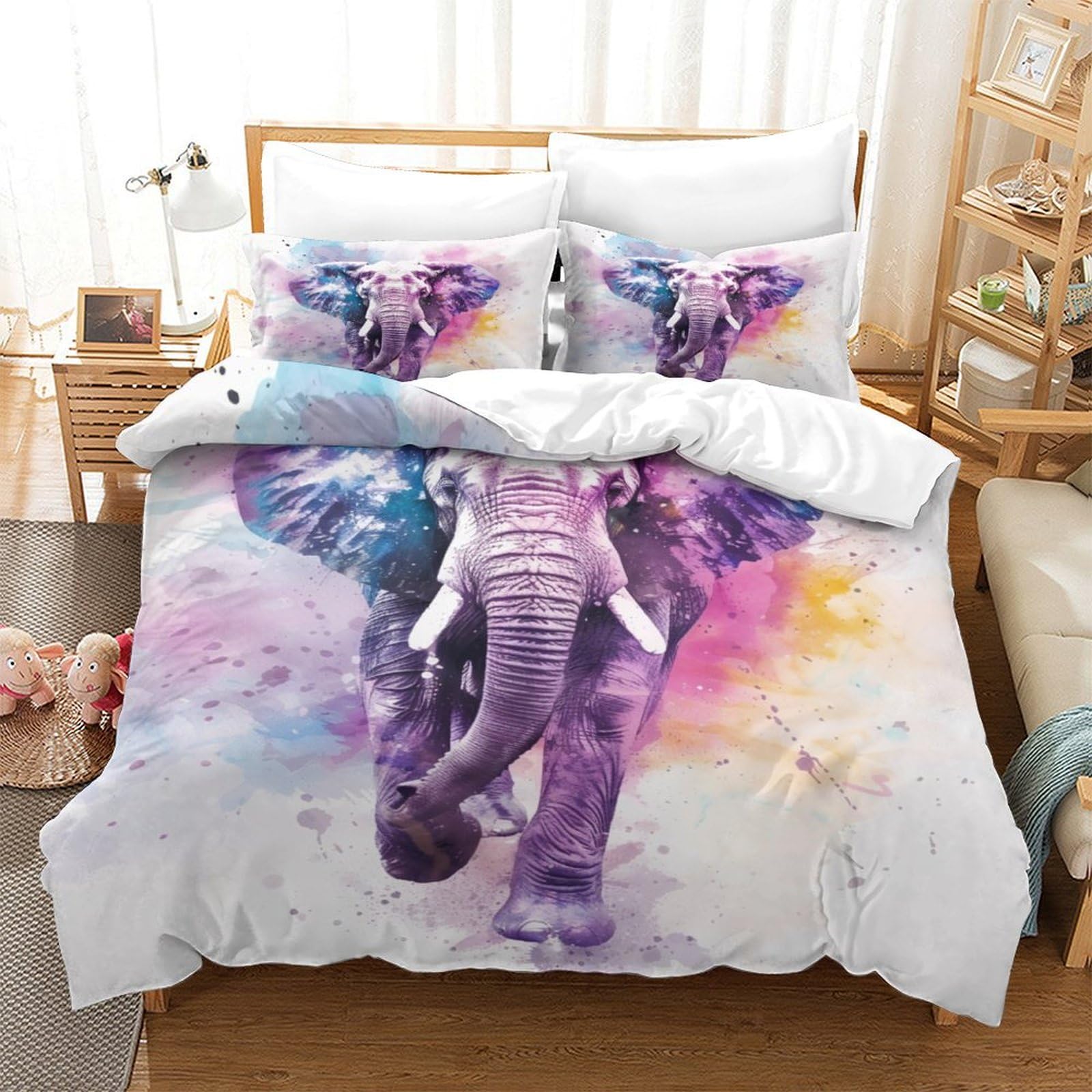 Housse de couette éléphant 3D avec 2 taies d'oreiller pour lit enfant et adulte