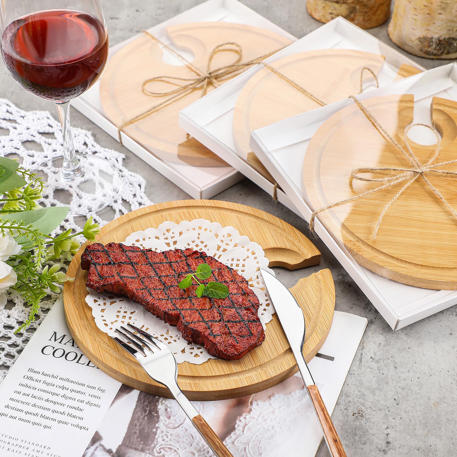 Menkxi 6er-Set Wein-Vorspeisenteller, Mini-Charcuterie-Bretter mit Glashalter und Box, Geschenke für Brautparty, Spielpreise, Cocktail-Käseteller aus Holz für Gäste, Babyparty (rund, helle Farbe)