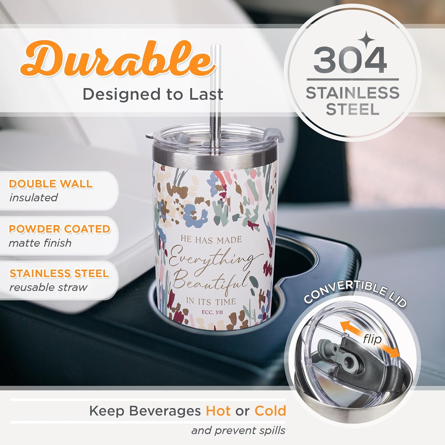 Christian Art Gifts Large Travel Tumbler for Women Stainless Steel Vacuum Insulated Inspirational Scripture: Everything Beautiful, Lid, Straw, White & Pink Floral, 18 oz. - Image 2