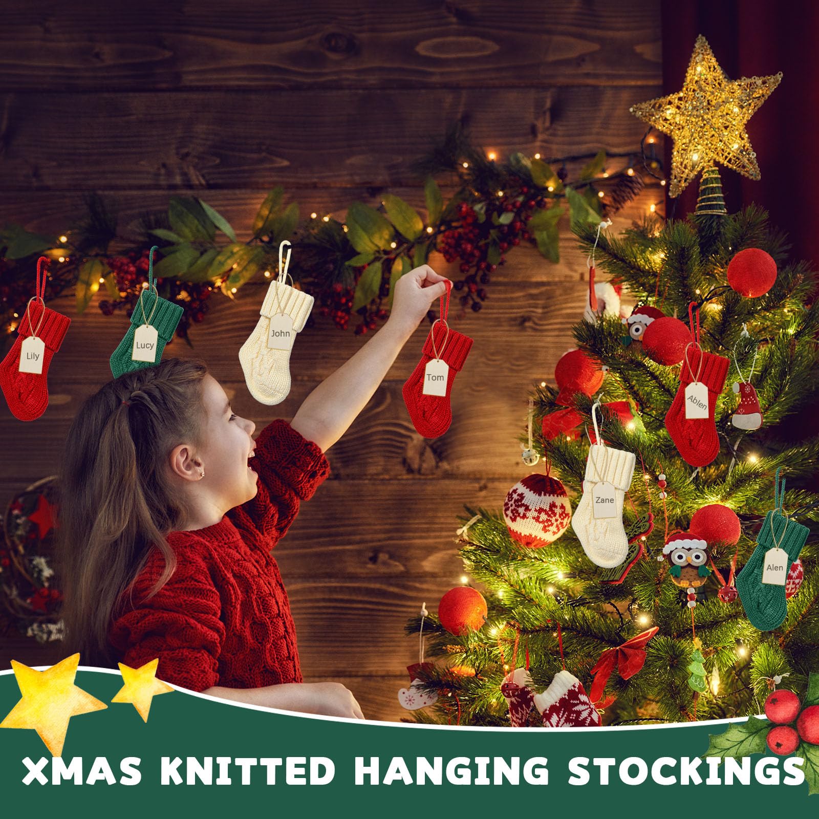 18 Stück Mini-Weihnachtsstrümpfe, 18 cm, gestrickter Weihnachtsstrumpf mit 18 Stück Weihnachtsanhänger für Familie, Freunde, Weihnachten, Kamin, hängende Strümpfe, Urlaubsdekorationen, Strümpfe