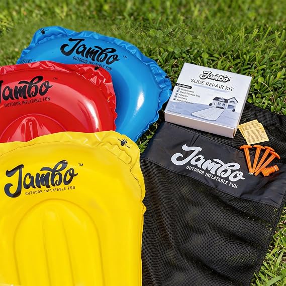 JAMBO 3-Pack Lawn Water Slide Bodyboards with Mesh Storage Bag Includes Slide Repair Patches, Ground Anchors & Hose Adaptors Water Slide Accessory Set for Kids