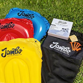 JAMBO 3-Pack Lawn Water Slide Bodyboards with Mesh Storage Bag Includes Slide Repair Patches, Ground Anchors & Hose Adaptors Water Slide Accessory Set for Kids