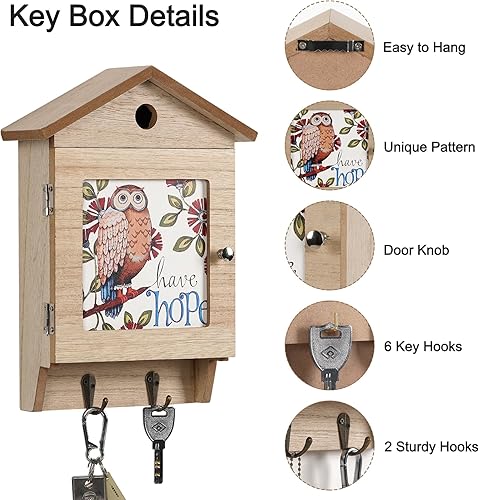 Miniatura 6 de Soporte decorativo para llaves de pared con diseño de búho, caja de llaves de madera, ganchos para llaves montados en la pared, estante de