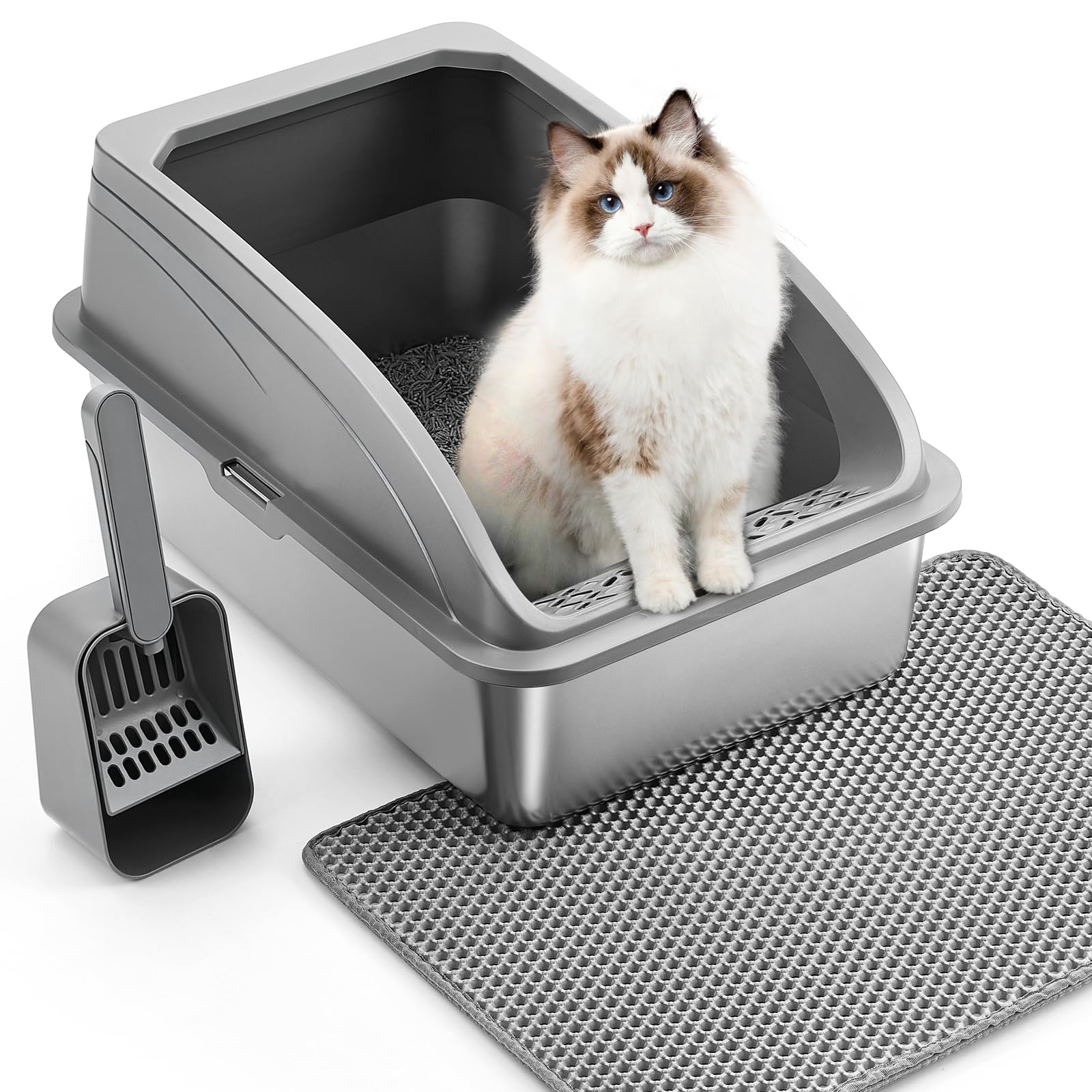 The Fellie Stainless Steel Cat Litter Box, Large Cat Litter Tray with Scoop & Mat, Kitten Litter Tray, High Sided Anti Leakage, Easy Cleaning & Odor Control, Grey, 60x40x30cm — image 1
