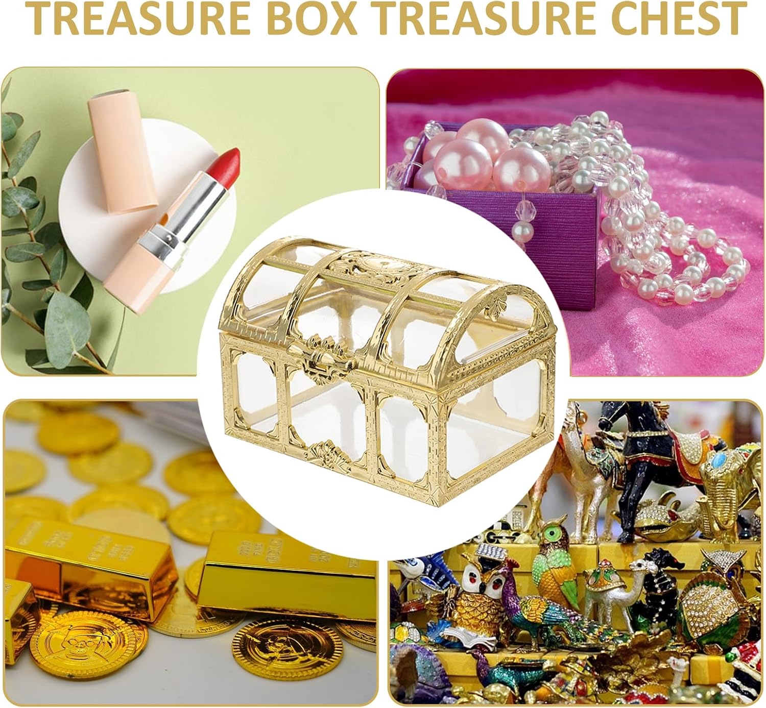 Kisangel 2pcs Plastic Pirate Treasure Chest, Transparent Gold Pirate Treasure Box, Mini Crystal Jewelry Storage Organizer for Trinket Keepsake Chest