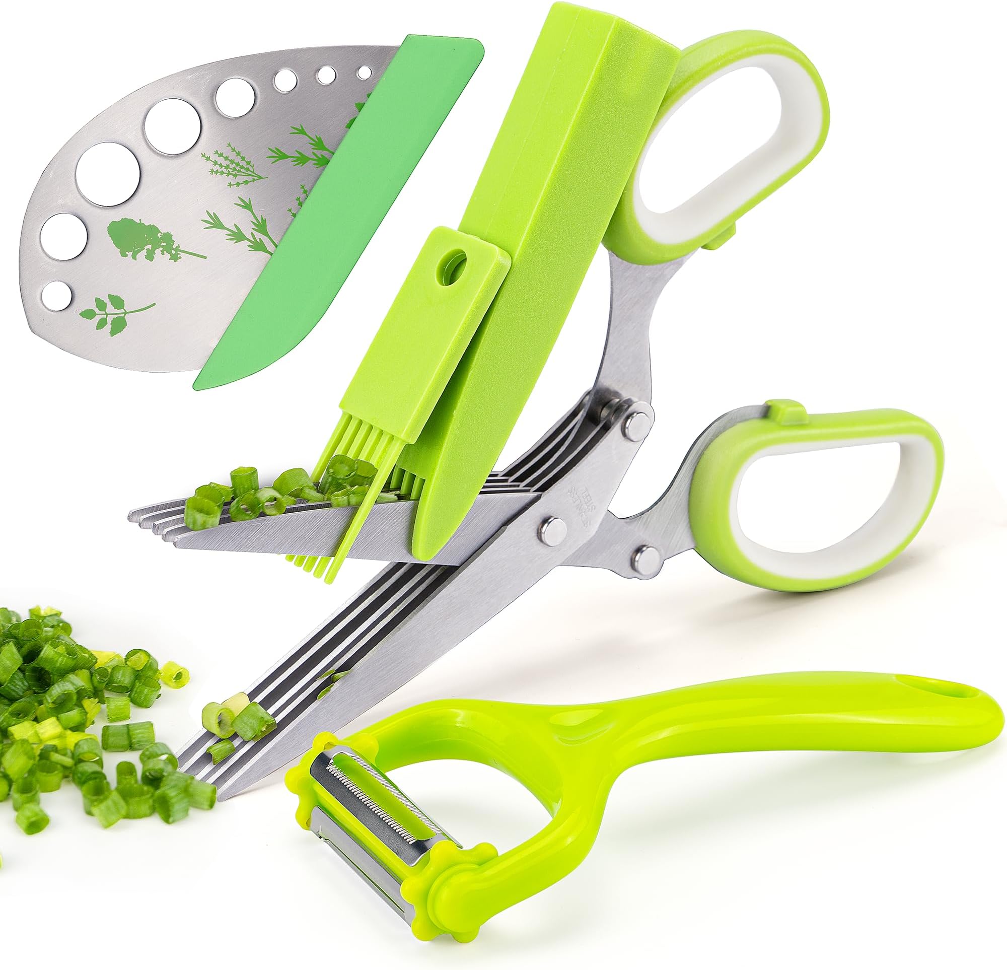 VlBlRlIT2025 Upgraded Herb Scissor,Leaf Stripper,Stainless Steel 5Blade Kitchen Scissors,Peelers for Kitchen,forChopping Chive,Vegetables,Salad,collard Greens,Parsley,Rosemary As Christmas gifts Green