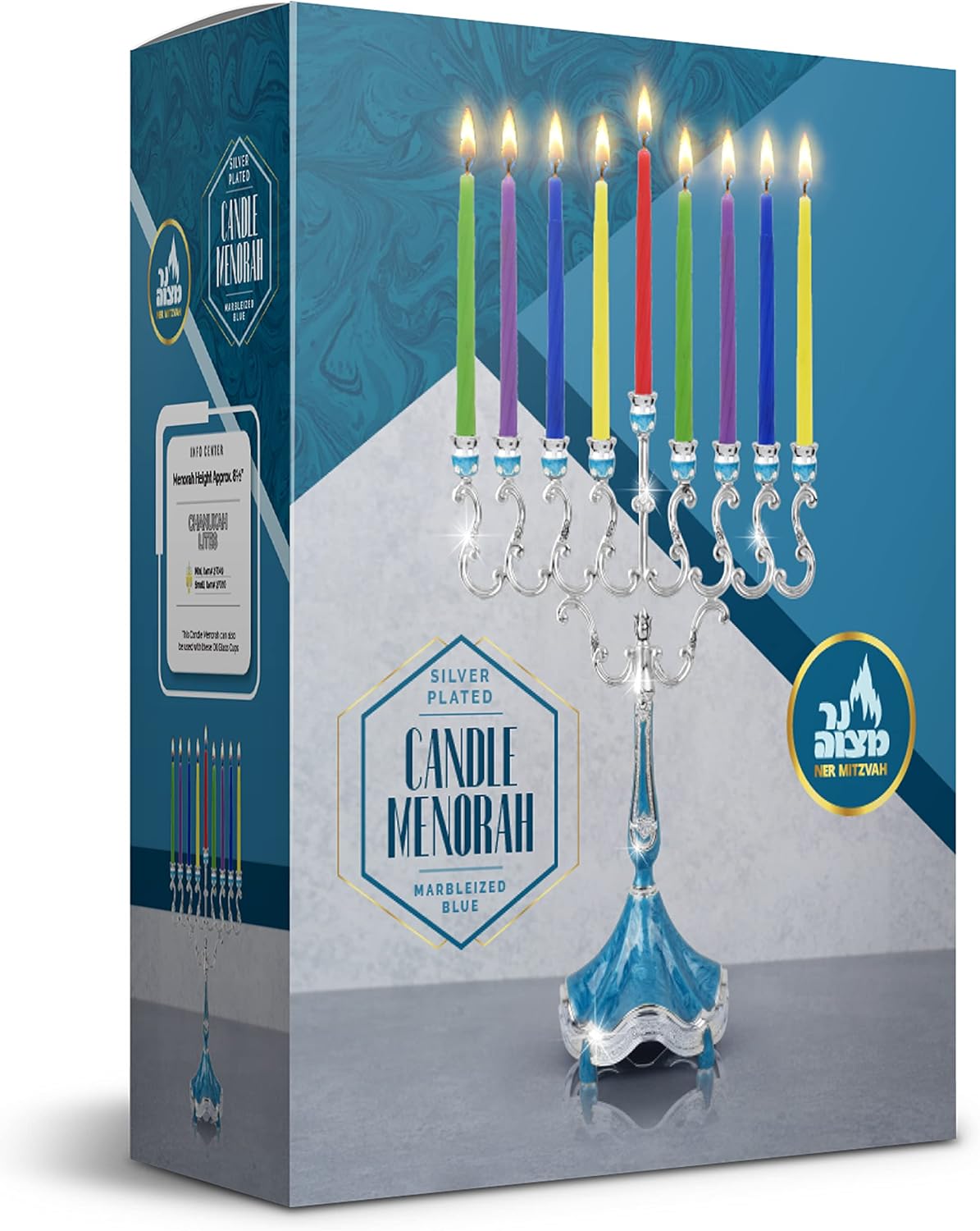 Ner Mitzvah Silver Plated Hanukkah Menorah with Blue Marble Accents, Fits All Standard - Modern Chanukah Candles, 8.5 inch High