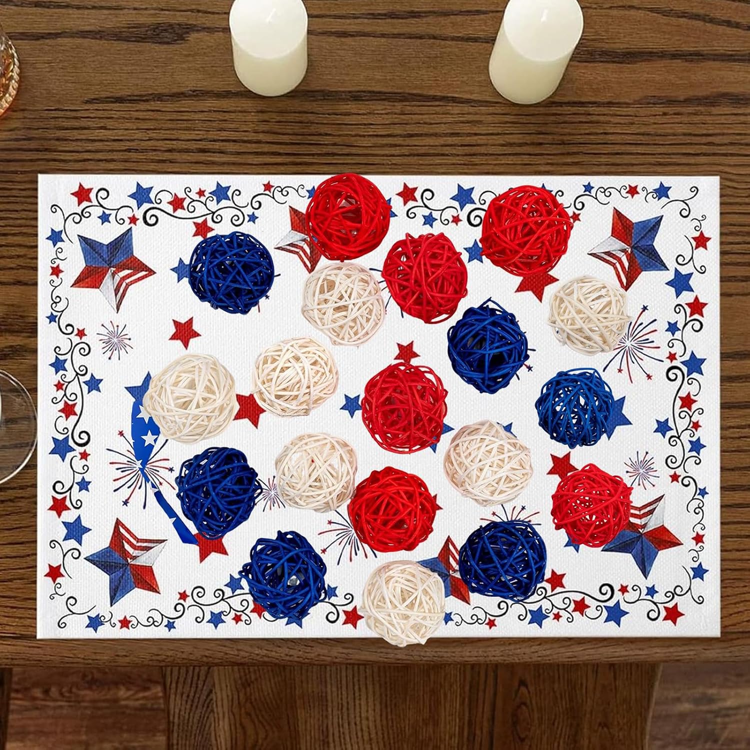 12Pcs 4th of July Rattan Balls Decorations, Red White Blue Woven Balls Ornaments for Patriotic Independence Day Home Party Vase Filler Decor