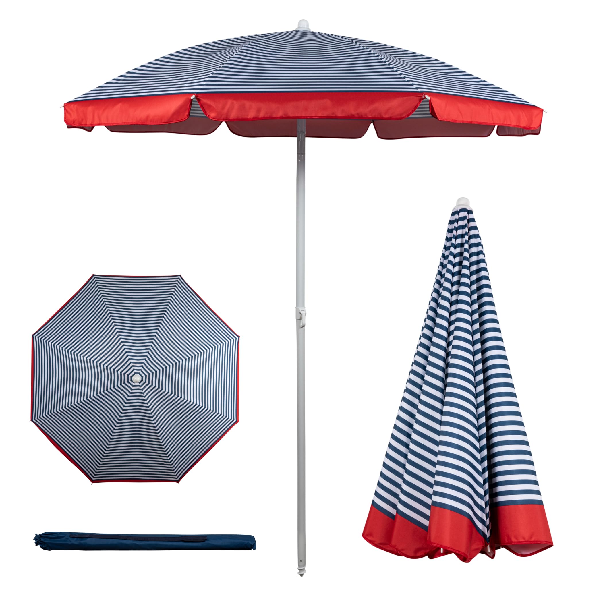PICNIC TIME 5.5 Ft Portable Beach Umbrella, Lightweight UV Protection Sunshade with Tilt Pole & Carry Bag, Outdoor Canopy Umbrella for Beach, Sand, Pool, Patio, Camping, Travel, or Backyard Shade, (Blue Pinstripe Pattern)