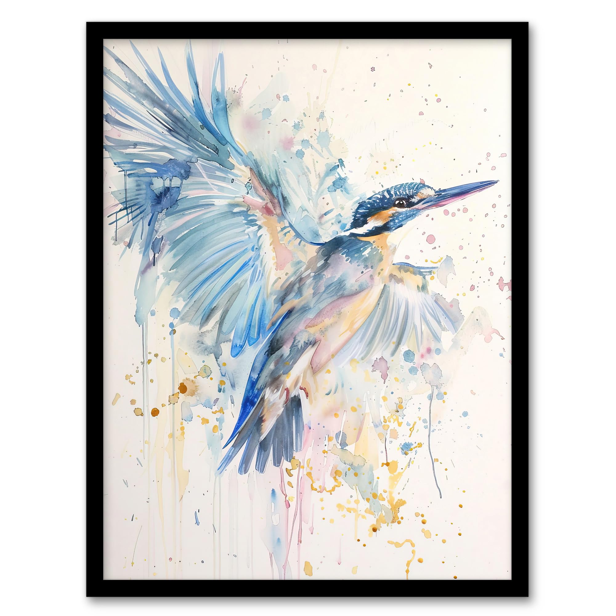 Artery8 Kingfisher Bird in Flight Watercolour Painting Living Room Artwork Framed Wall Art Print 18X24 Inch