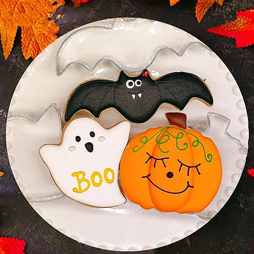 Miniatura 4 de Juego de cortadores de galletas de Halloween, 3 piezas, cortador de galletas de acero inoxidable, moldes de calabaza, fantasma, murciélago,
