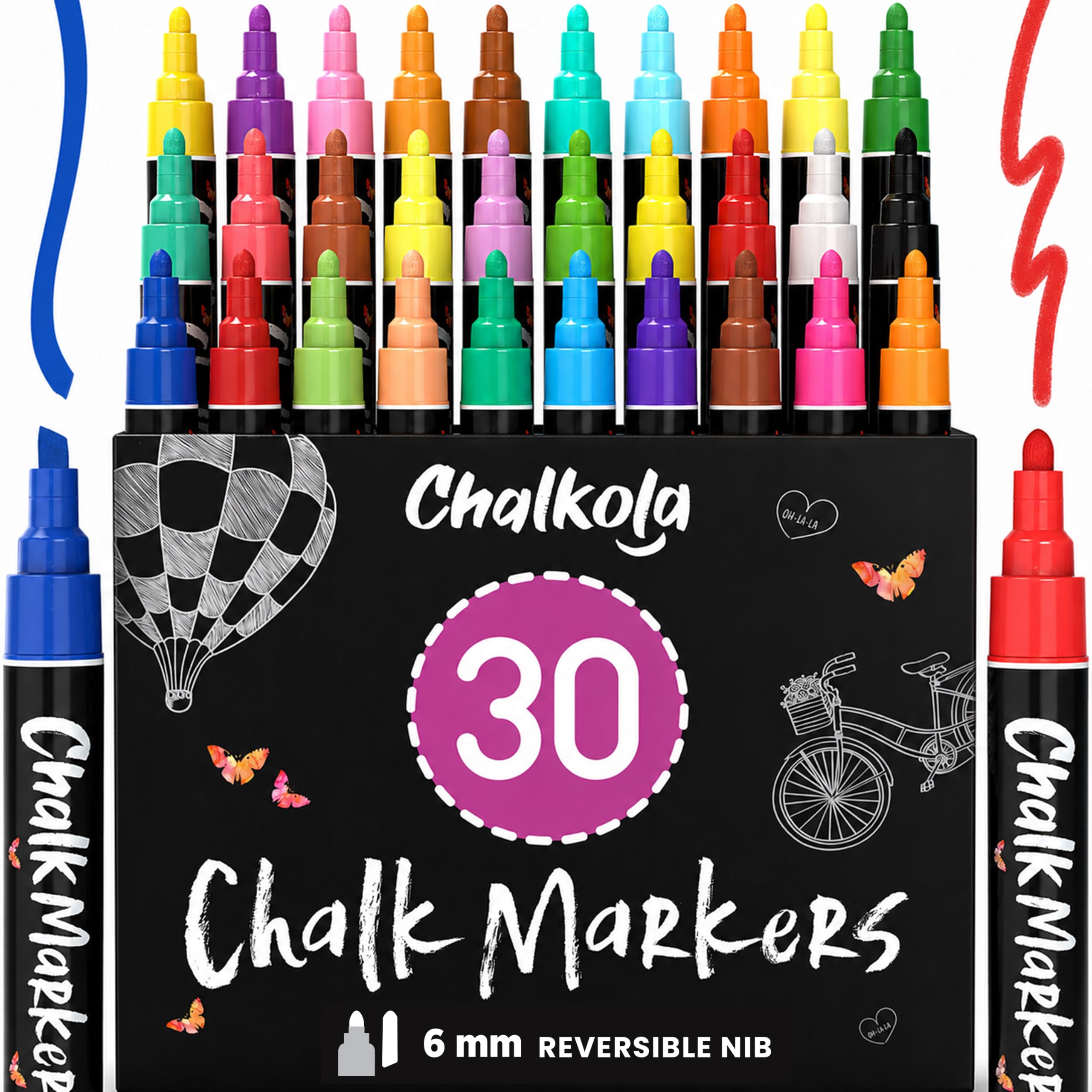 30 pisaków kredowych marki Chalkola o grubości 6 mm, w kolorach neonowych, do rysowania na szkle, tablicach suchościeralnych, oknach czy foliach, do ścierania na mokro.