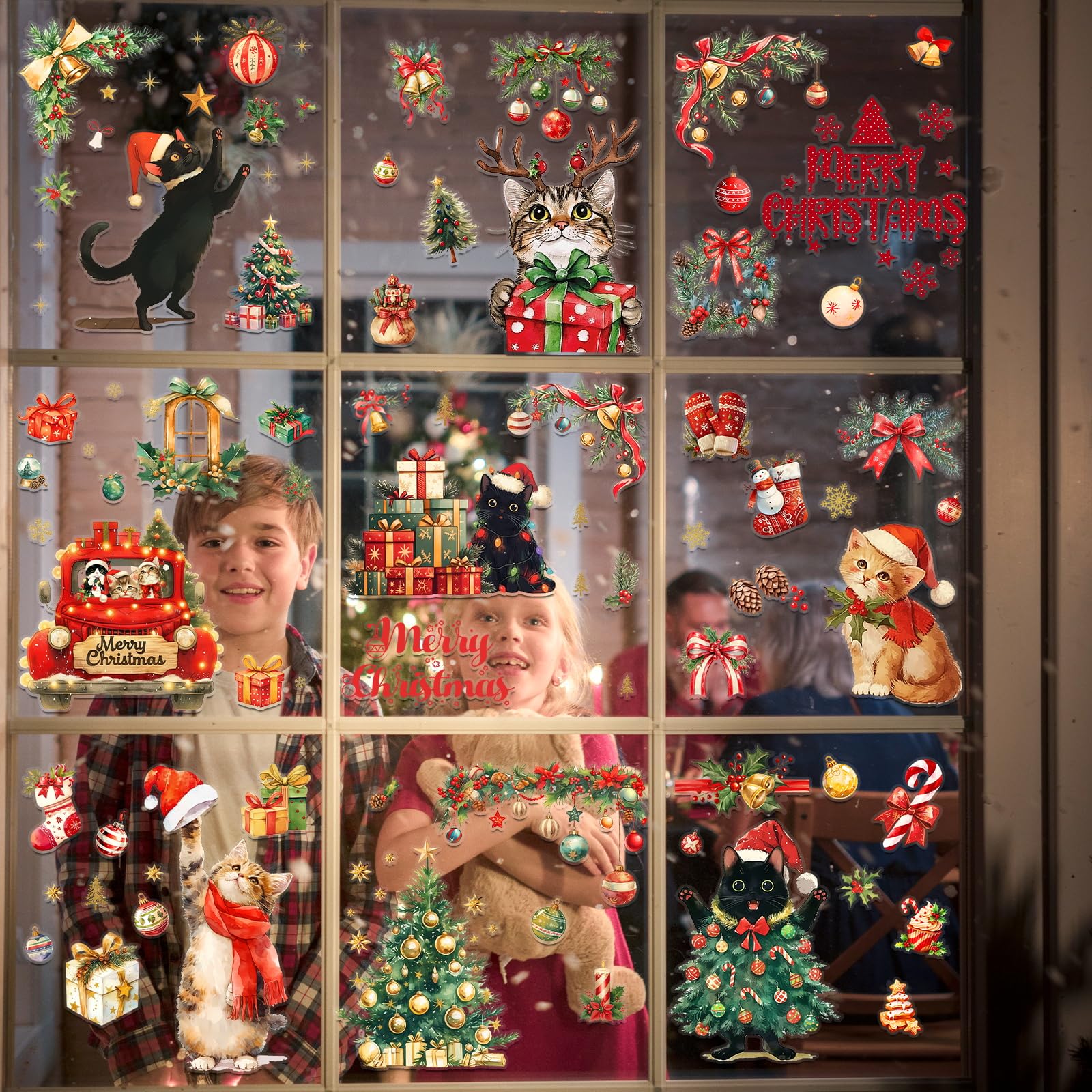 2 Autocollants Fenêtre Réutilisables Chats De Noël – 20x30 Cm, Décor Double Face Sans Colle Pour Maison & Bureau