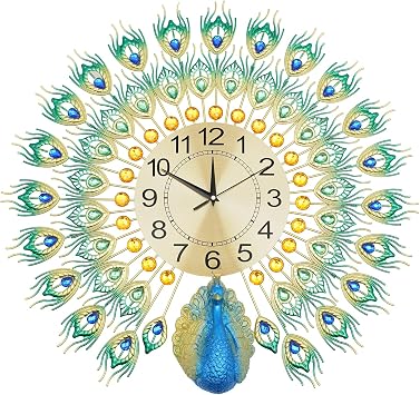 Colorful Peacock Clock Wall Hanging Peacock Luxury Diamond Wall Clock Metal Living Room 60cm