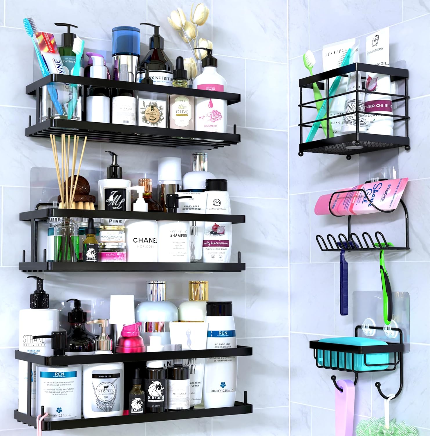 Adhesive Shower Caddy 6-Pack Rustproof Stainless Steel Shower Organizer No-Drill Shelves for Inside Shower Large Capacity Shower Wall