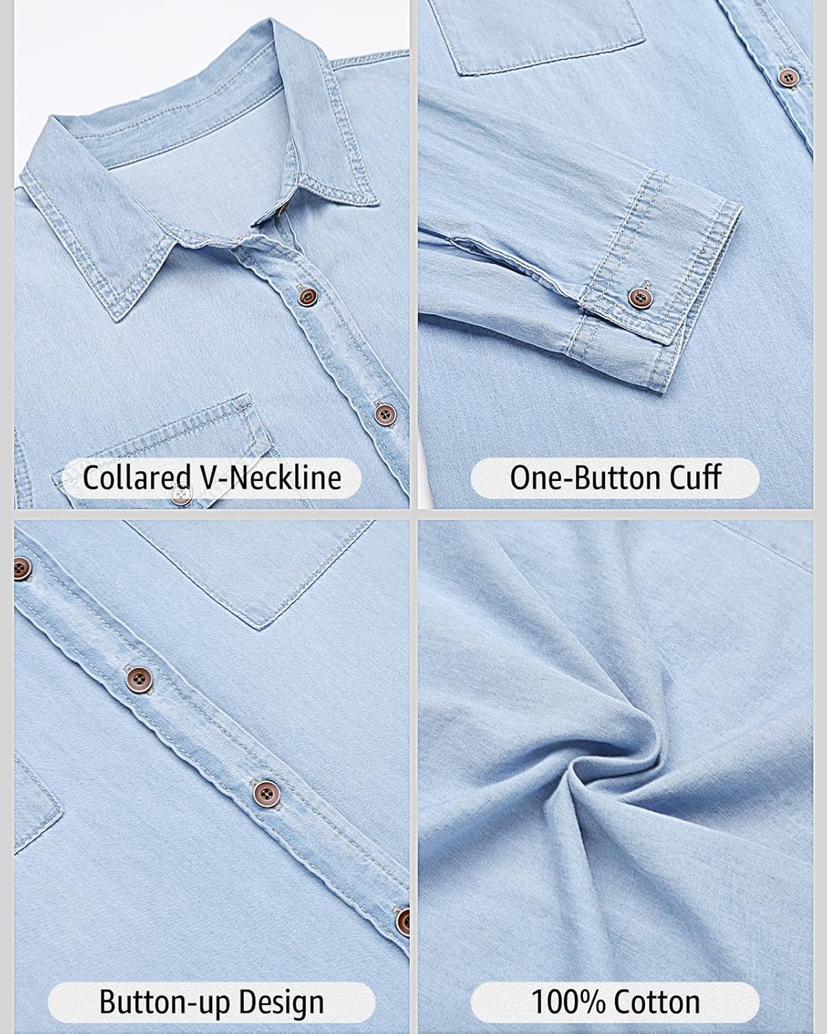 Vetinee Women's Button Down Denim Shirt Collared Casual Long Sleeve Pocket Tops - Image 6