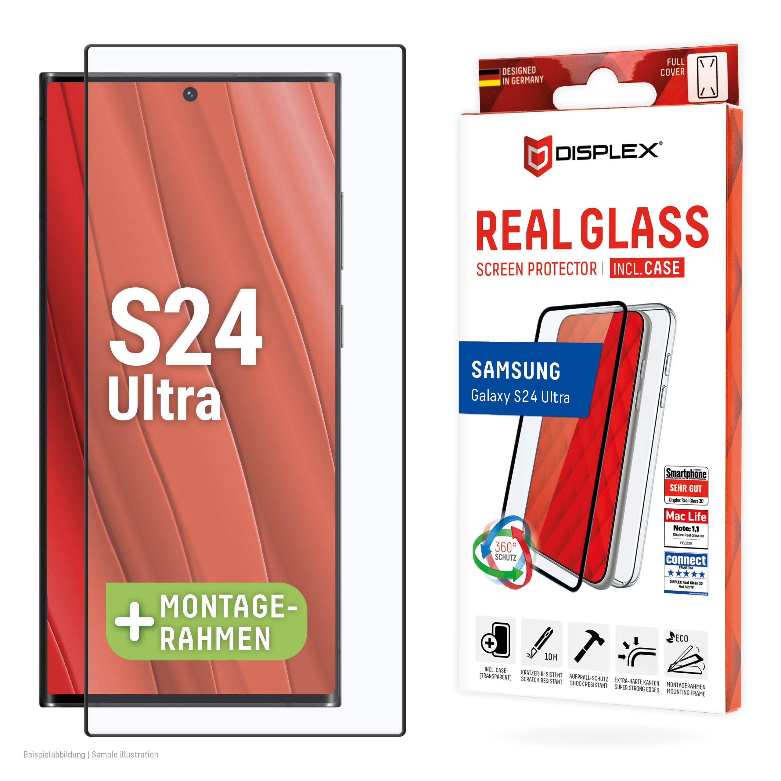 Displex Real Glass per Xiaomi 12T/12T Pro, vetro temperato rigido (10H), telaio di montaggio ecologico, rivestimento anti-impronte high-tech, Case Friendly
