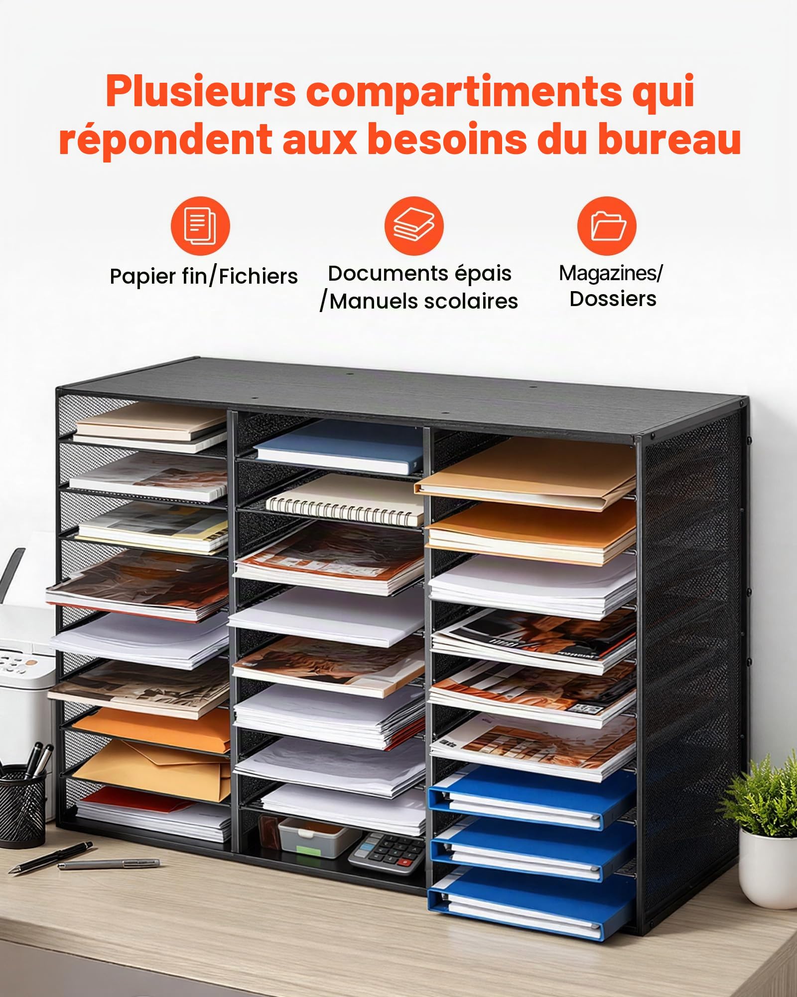 VEVOR Organisateur de Bureau, Trieur à 27 Cases avec Panneaux de Grillage Métallique Amovibles, pour Fichiers Documents Magazines École, Casier à Courrier avec Comptoir en Bois, Classeur de Table Noir