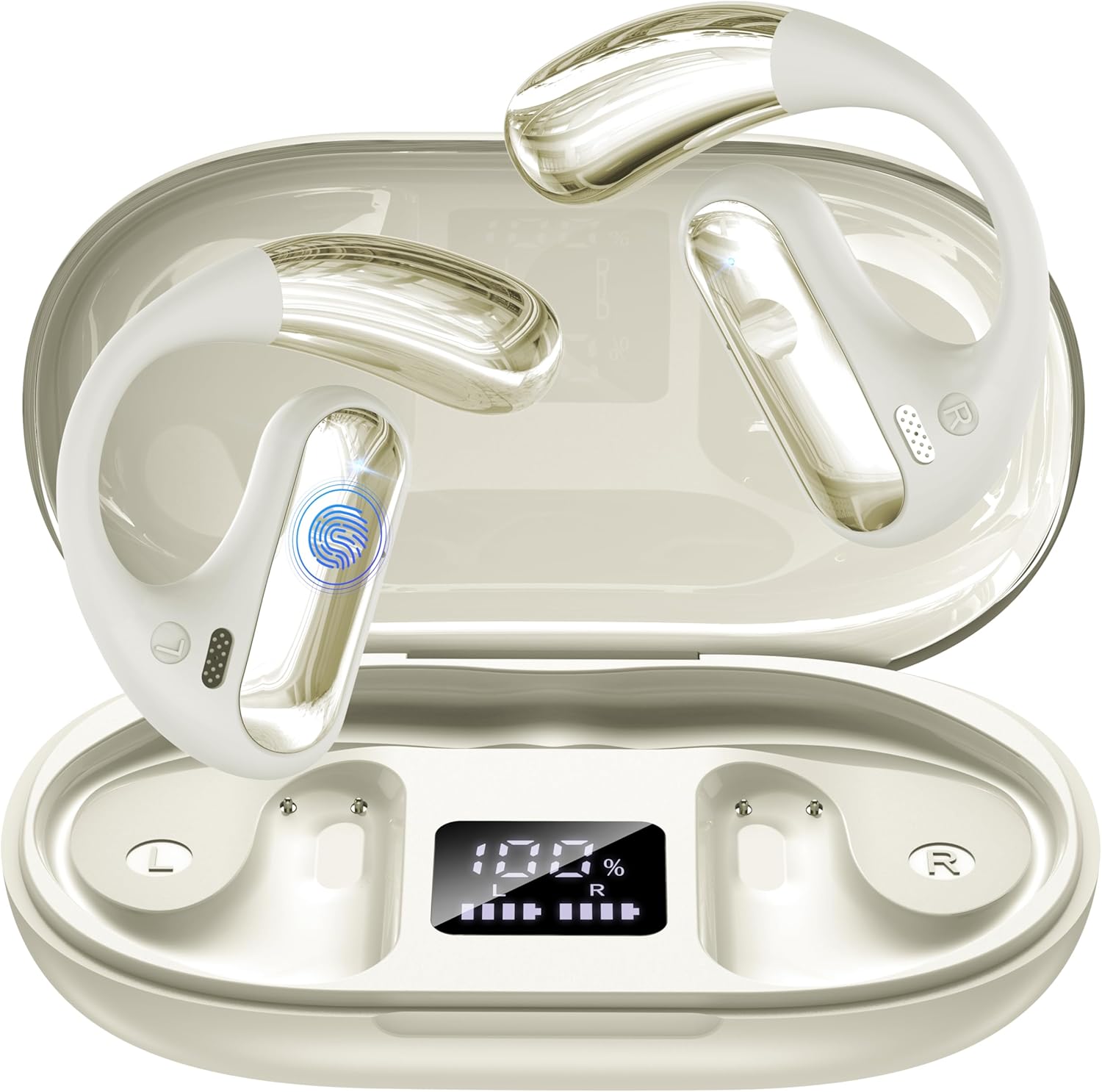 Open Ear Headphones, Bluetooth 5.4 Wireless Earbuds with Ear Hooks, 40H Playtime, AI Clear Call, LED Display Charging Case, IPX7 Waterproof Sports Earphones for Running Workouts Commute, Khaki