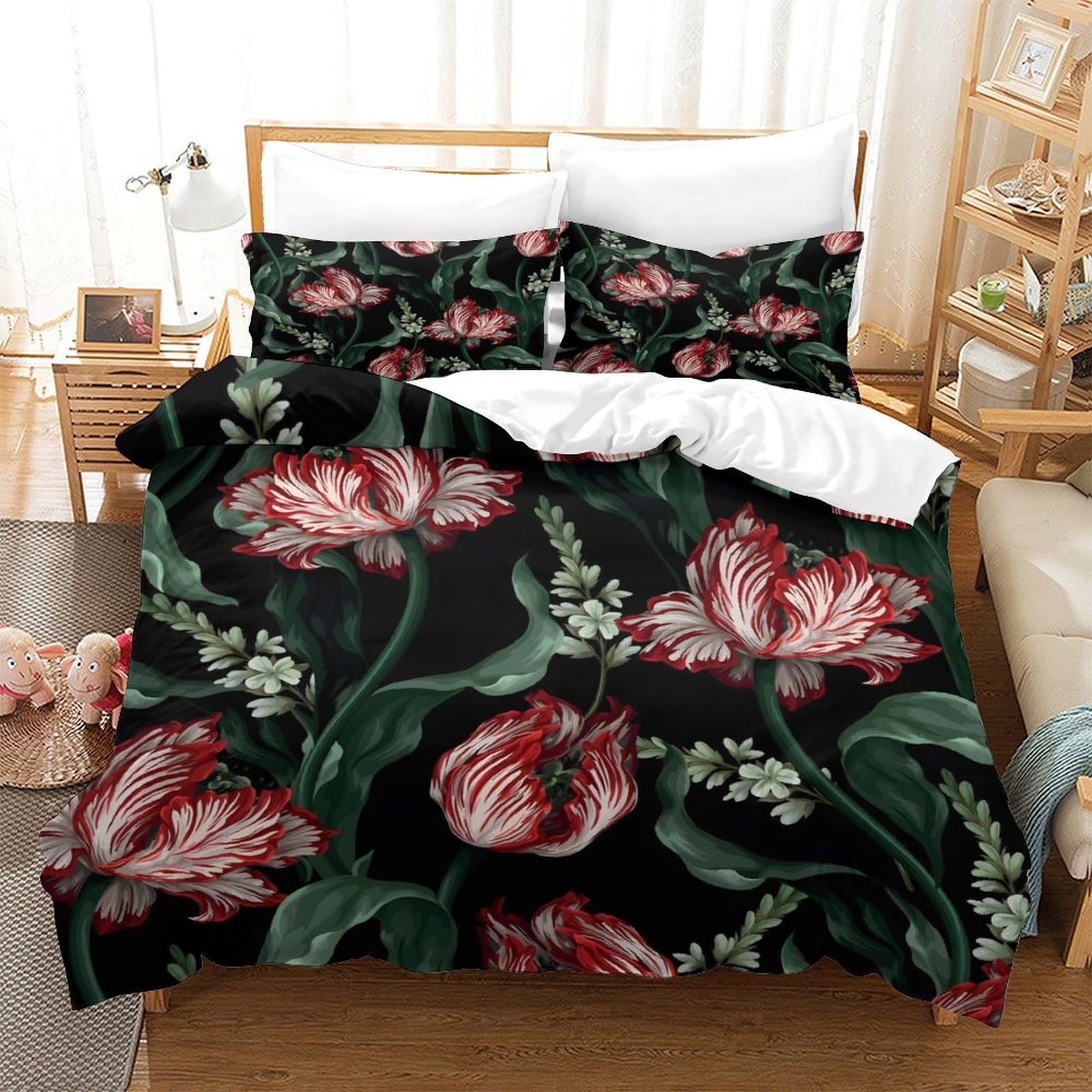 GDEKCIEAS Vintage Tulips Plants Boys Bedding Set,3 Pieces Duvet Cover Microfiber with Zipper,Soft Microfiber Quilt Cover for Teens And Kids - Easy Care Single（140x200cm）
