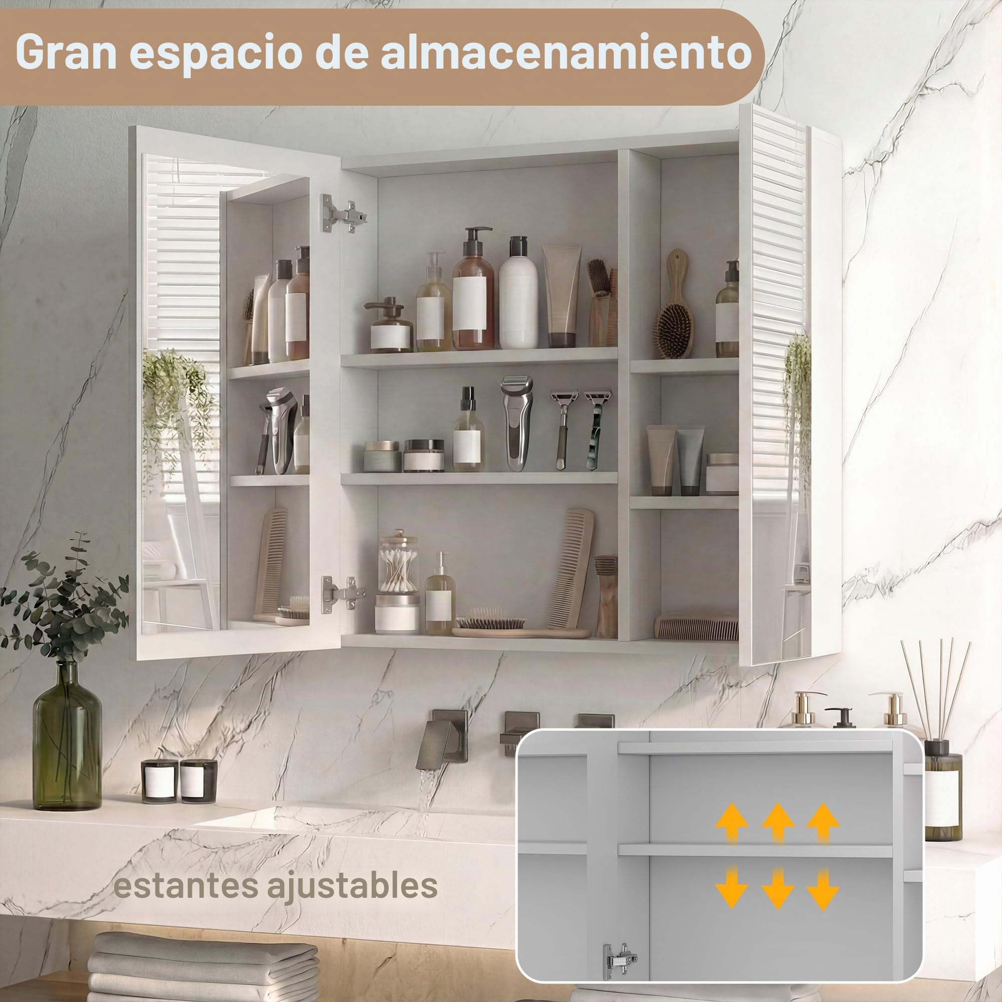 Armario de baño con espejo y luz LED, espejo de baño con almacenamiento, función antiniebla, 3 temperaturas, con estante ajustable, estilo moderno (70 x 13,5 x 60)