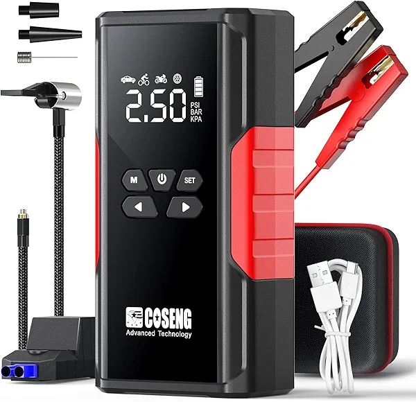 Coseng J26 Portable Car Jump Starter with Air Compressor, 3500A 12V Car Battery Booster (All Gas & up to 6.0L Diesel Engines), 150PSI Tire Inflator, Smart Jumper Cables, 3-Mode Emergency Flashlight
