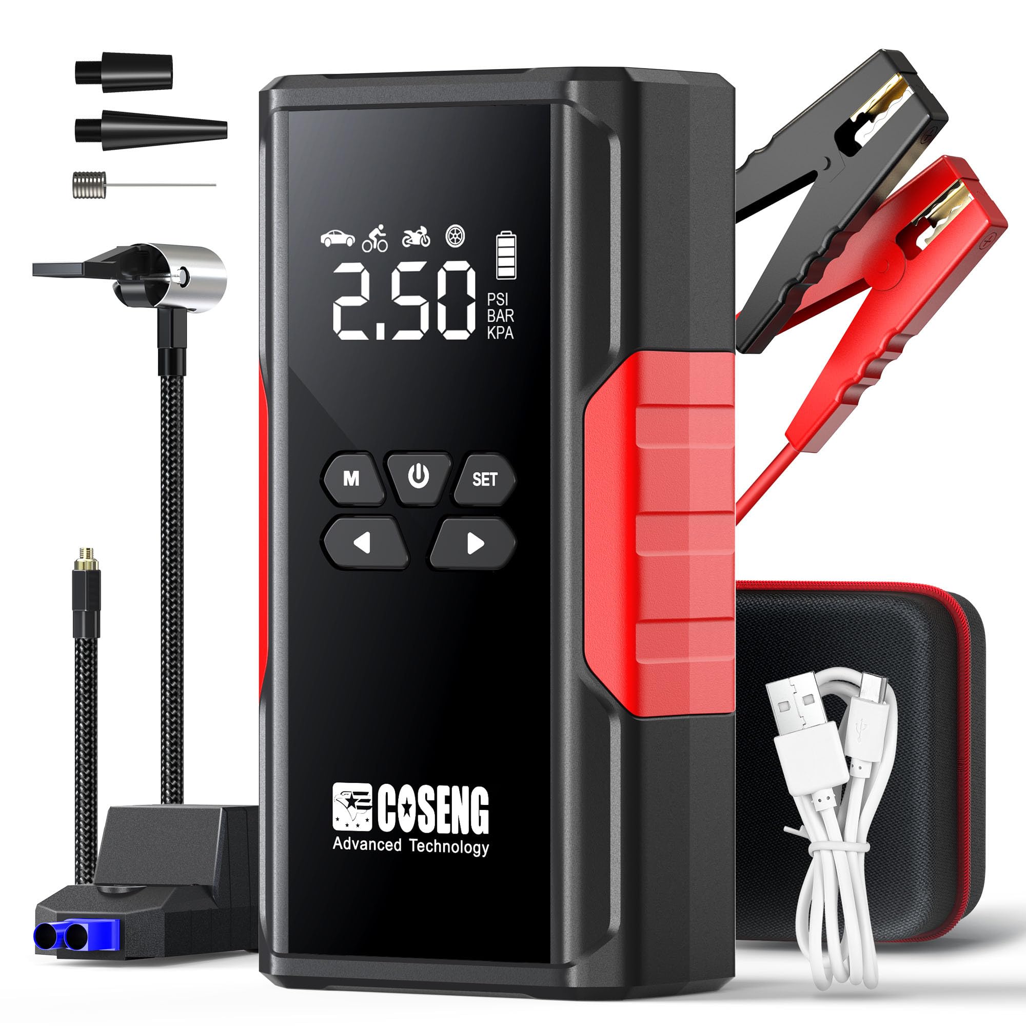 Coseng J26 Portable Car Jump Starter with Air Compressor, 3500A 12V Car Battery Booster (All Gas & up to 6.0L Diesel Engines), 150PSI Tire Inflator, Smart Jumper Cables, 3-Mode Emergency Flashlight