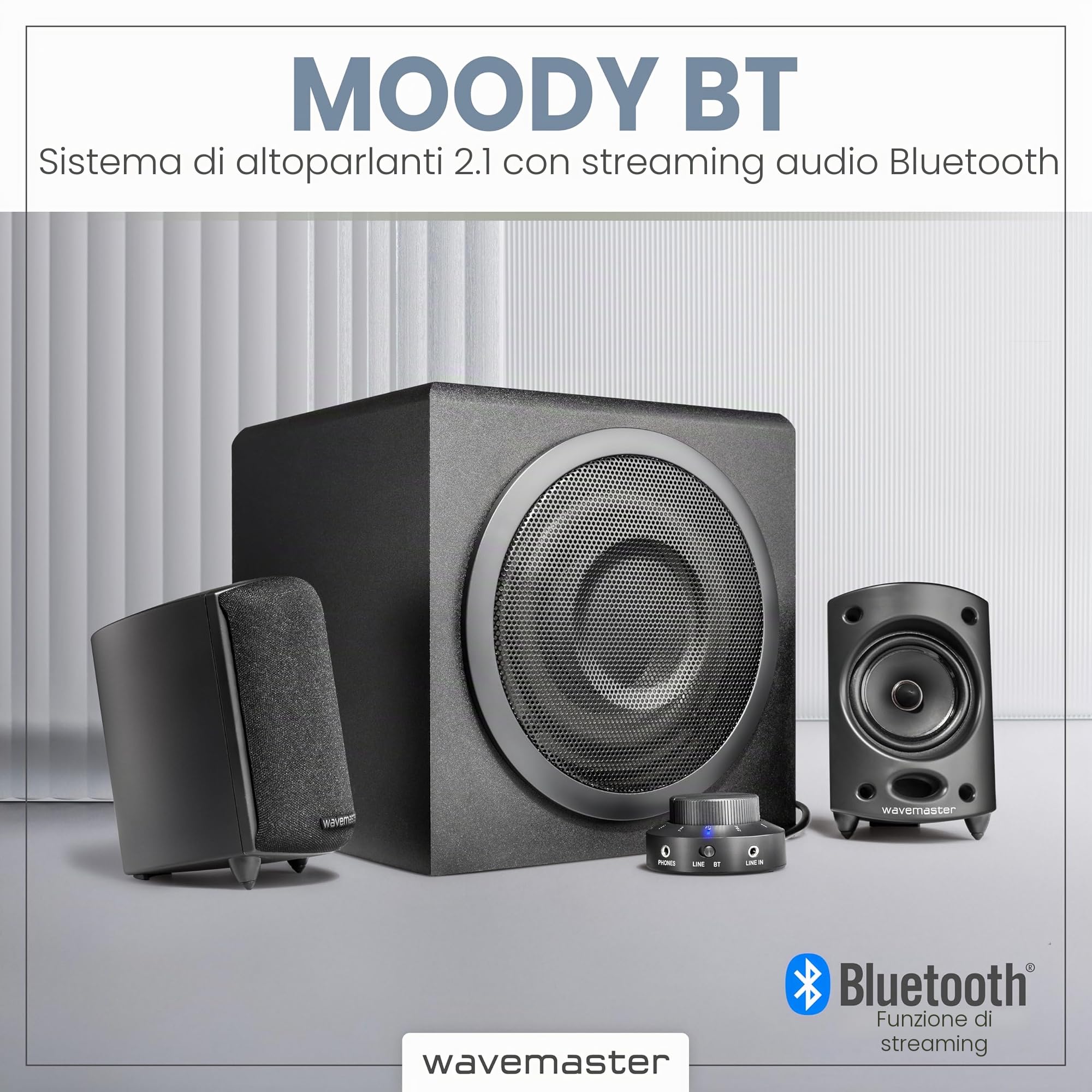 Wavemaster 66206 Moody Bt 2.1 Sistema di Altoparlanti (65 Watt) con Utilizzo di Casse Acustiche Streaming Bluetooth per Tv/Tablet/Smartphone/PC Color Nero