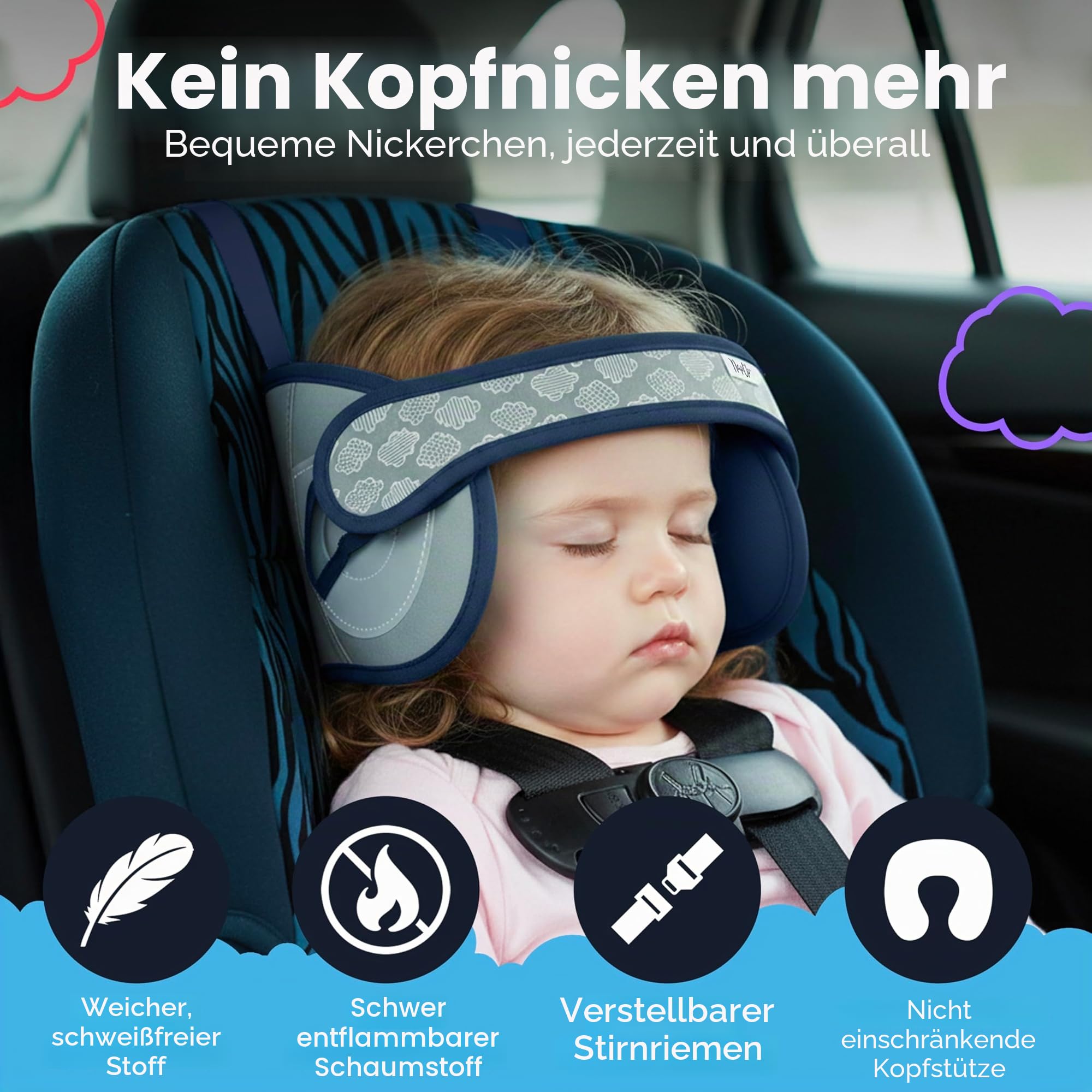 NAPUP Kinderkopfstütze für Autositze – Kopf- und Nackenkissen für nach vorne gerichtete Autositze, hohe Rückenlehnen, Dunkelblau