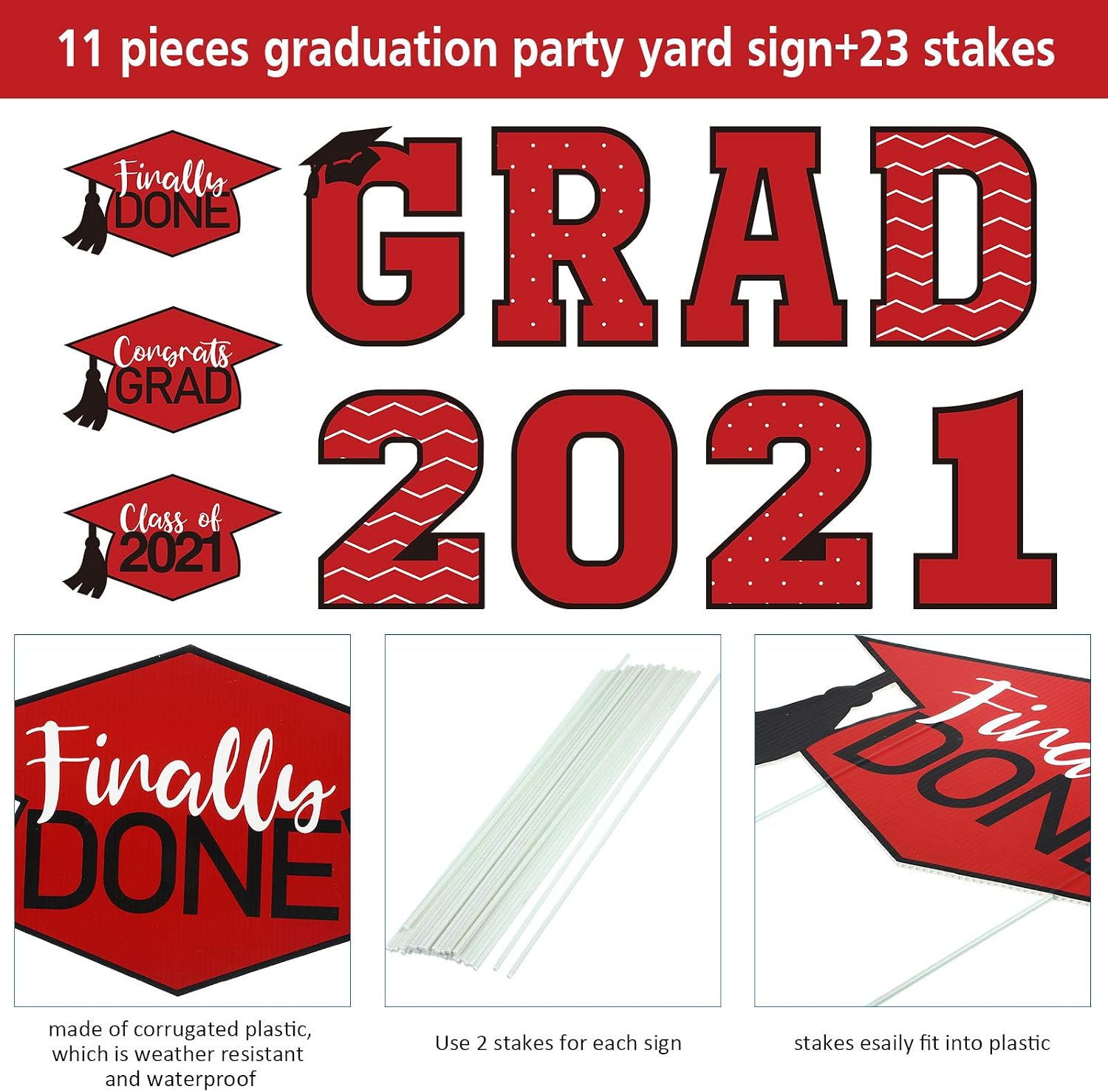 11 Pieces Graduation Yard Sign Decorations Congrats Graduation Lawn Signs 2021 Grad Yard Signs with 23 Stakes for Outdoor Congrats Graduation Party Decoration Supplies (Red) - Image 3
