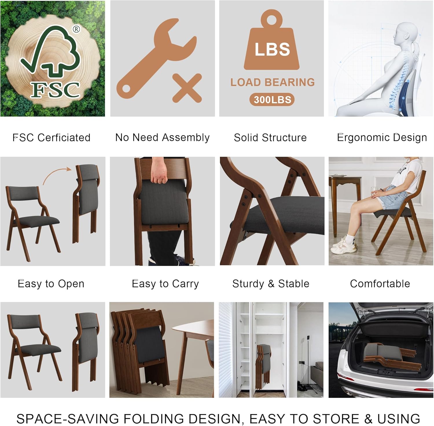 Ball & Cast Upholstered Folding Chairs Set of 2,with Ergonomically Designed Back and Solid Wood Frame,Portable Activity Meeting Chair, for Dining Room,Outdoor Events,No Assembly Required,Grey+Walnut