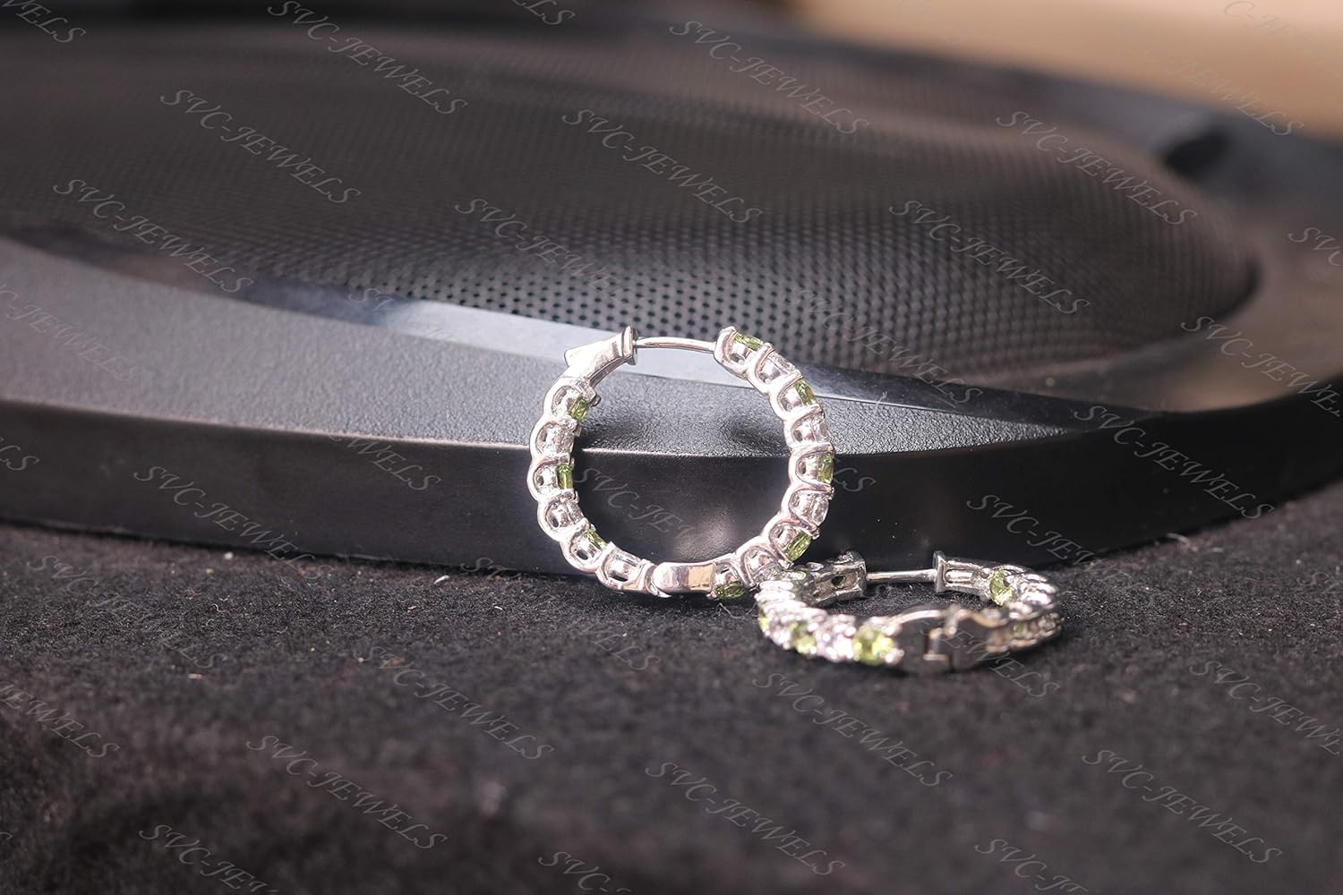 Round Cut White CZ Diamond & Peridot 14K Gold Over .925 Sterling Silver Round Inside-Out Shared Prong Hoop Earrings For Womens.