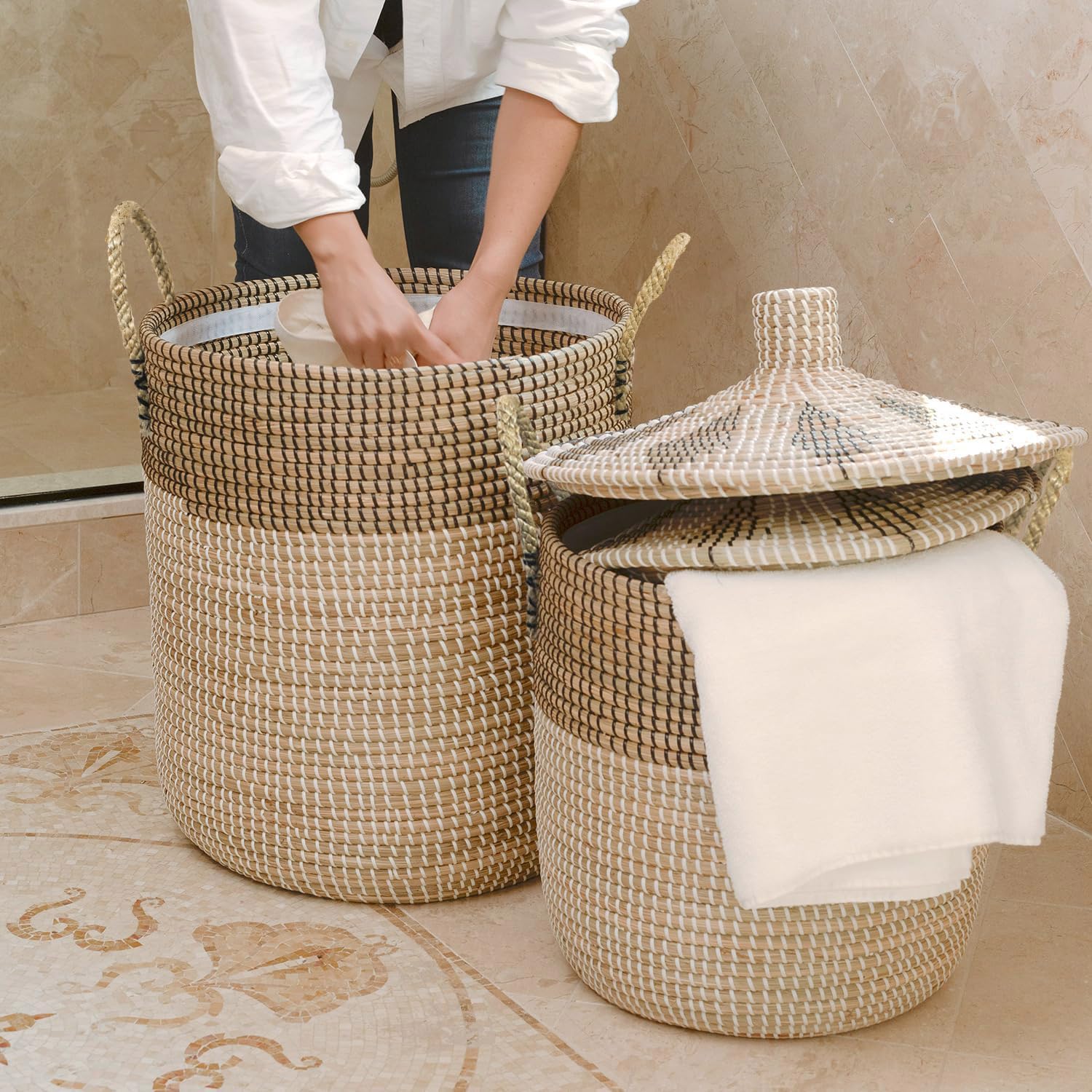 3 Pz 76L+43L+26L Set di Cestini per la Biancheria con Coperchio e Sacchetti Interni, Cesto Intrecciato, Fatto a Mano, Cesto Portaoggetti con Manici in Salice per Bagno o Cameretta dei Bambini, per