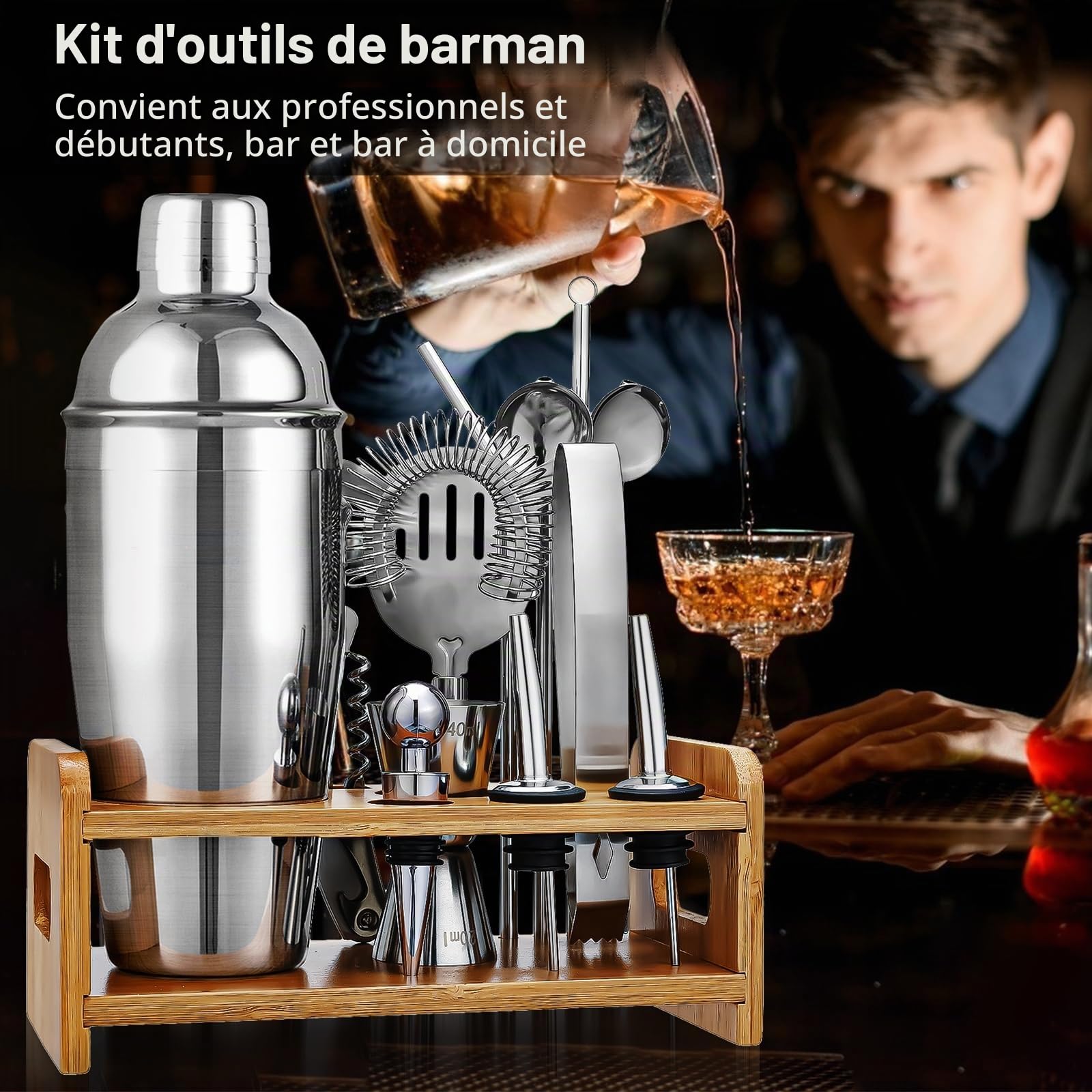 Godmorn Shaker Cocktail Kit 15 pièces, Cocktail Set Bar Kit Bar Tool Set 750 ML, Shaker à Martini en Acier Inoxydable avec Support en Bois, Double Jigger, Cuillère à mélanger, 2 Verseurs, Recettes