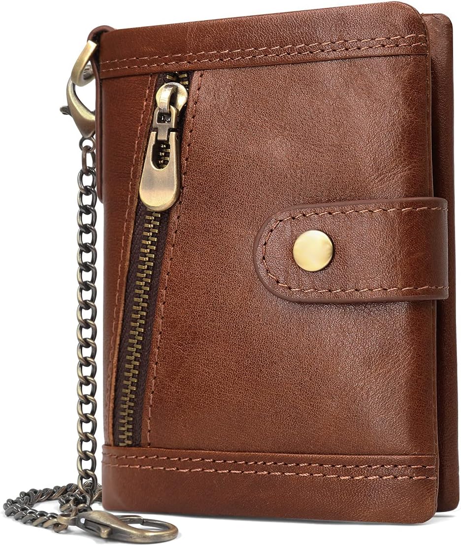 HNOOM Men's RFID Blocking Genuine Leather Wallet, Slim Bifold with Chain, 17 Card Slots & Coin Pocket