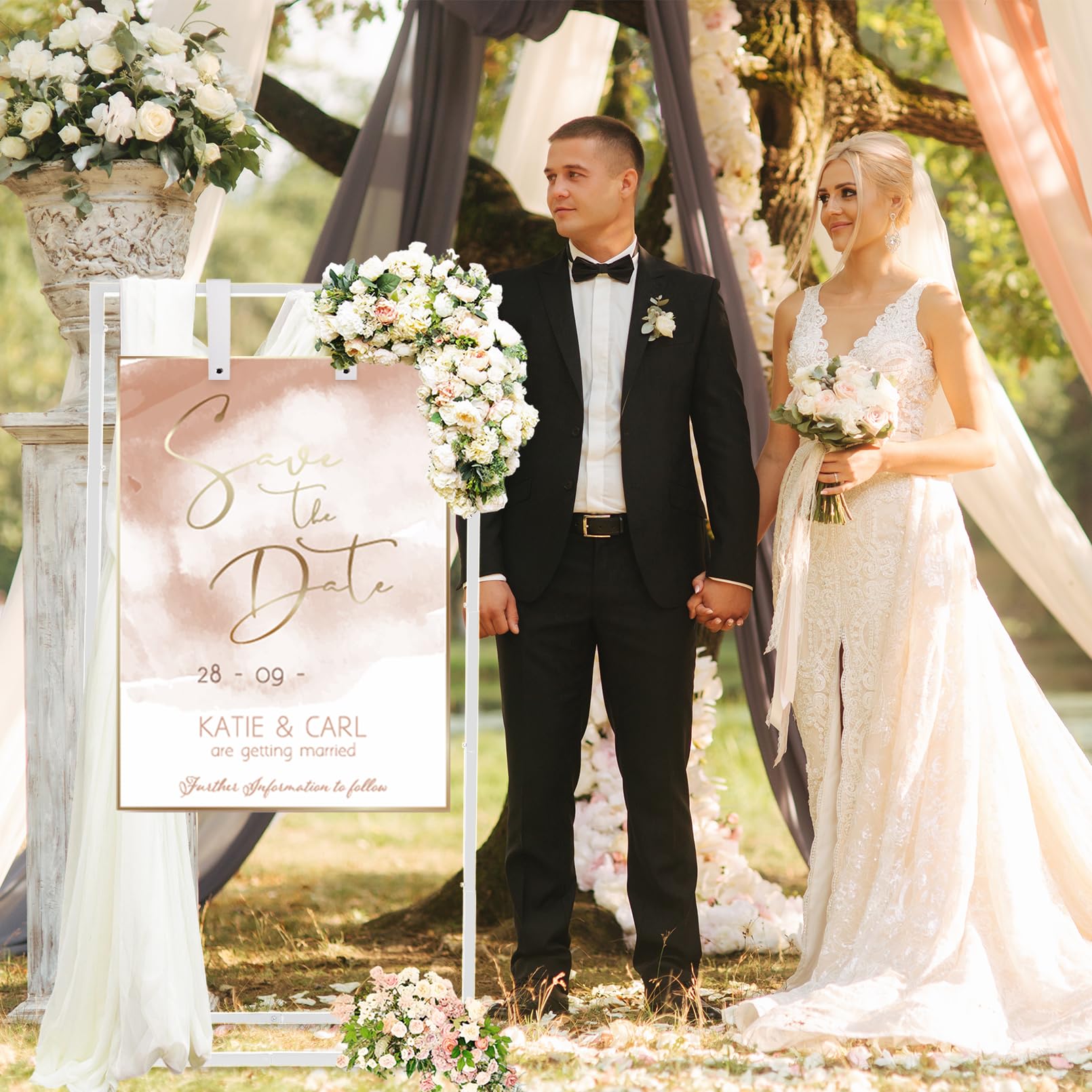Nwvuop Support de panneau de mariage réglable en métal pour panneau de bienvenue de mariage (blanc)