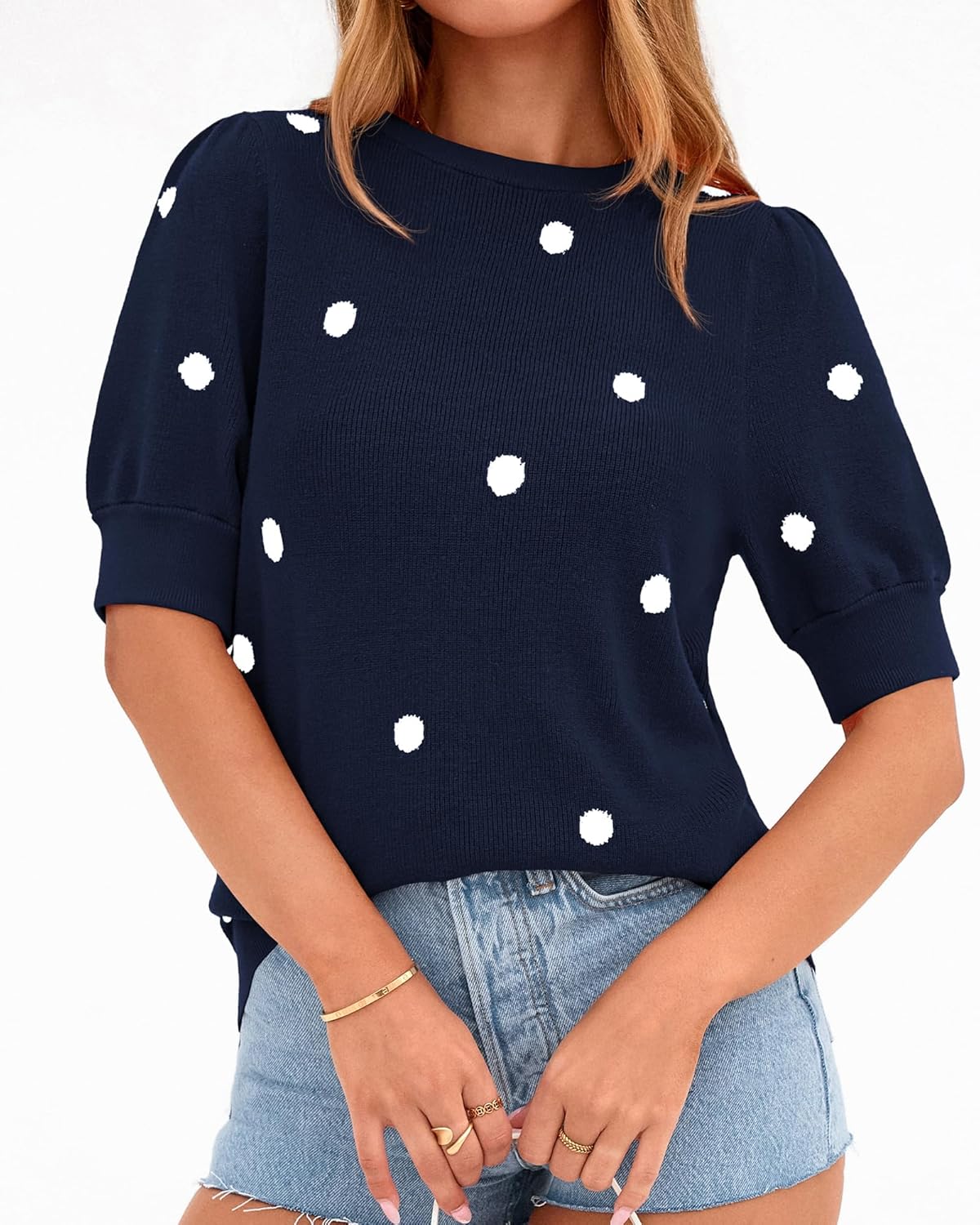 BTFBM Womens Sweaters Polka Dot Short Sleeve Sweater for Women Crew Neck Knit Summer Tops Business Dressy Casual Blouses