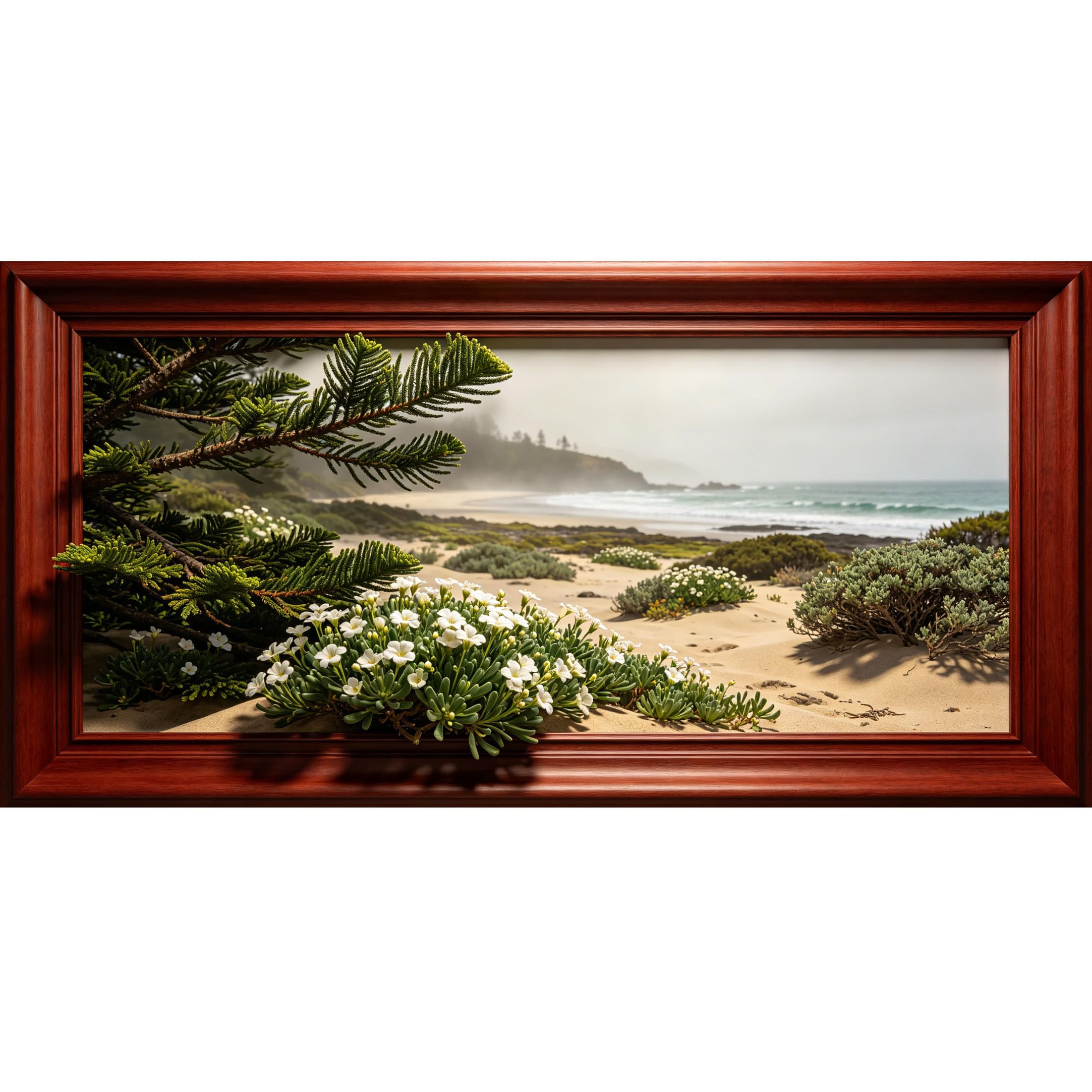 Agglomerix 3D Framed Wall Art Coastal Landscape Pine Branch White Flowers Sand Dunes Ocean View Large Size SelfAdhesive Removable Wall Decor Prints Artwork for Living Room Bedroom Office