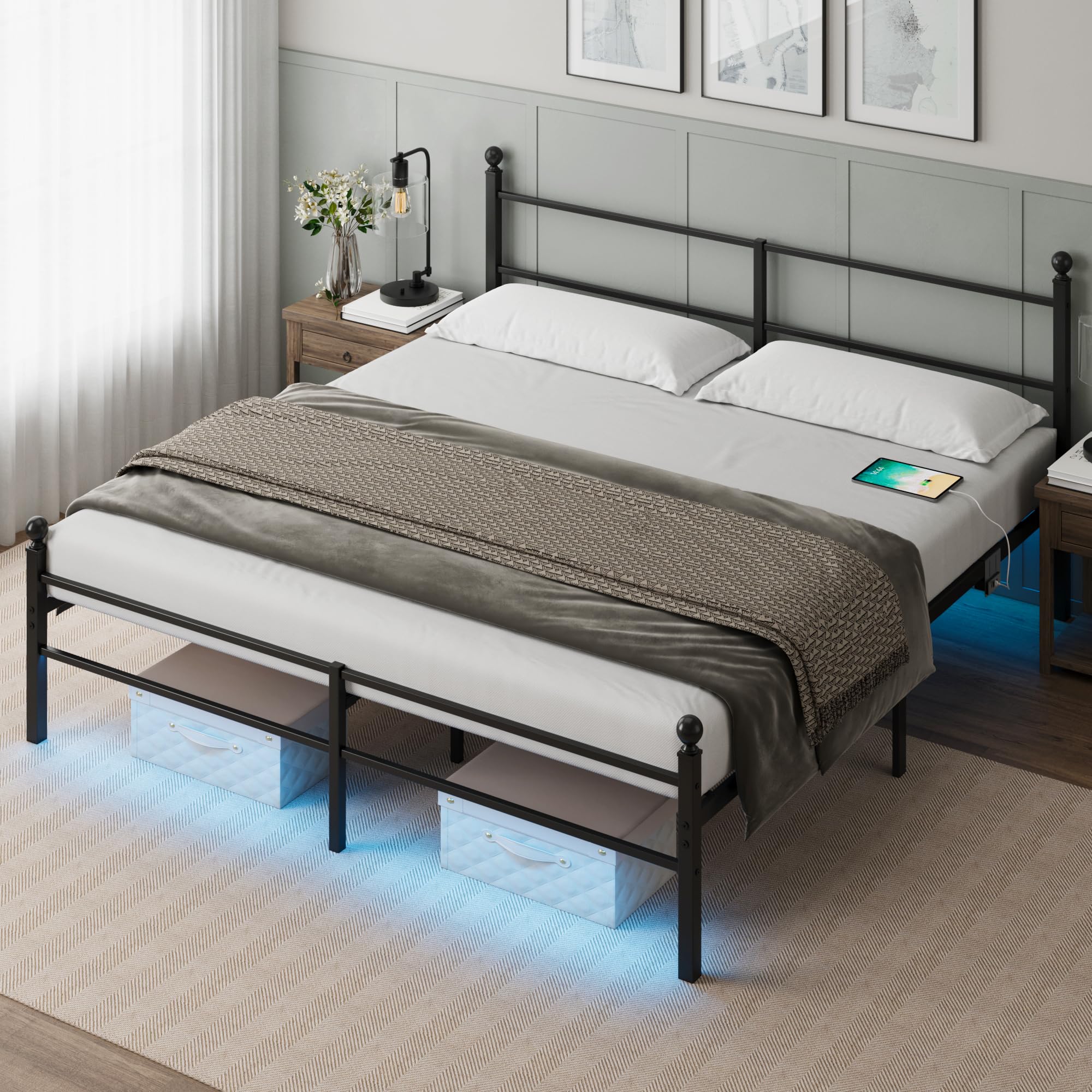 King Size Bed Frame with Headboard - Metal Platform Bed with LED Lights Charging Station Under Bed Storage