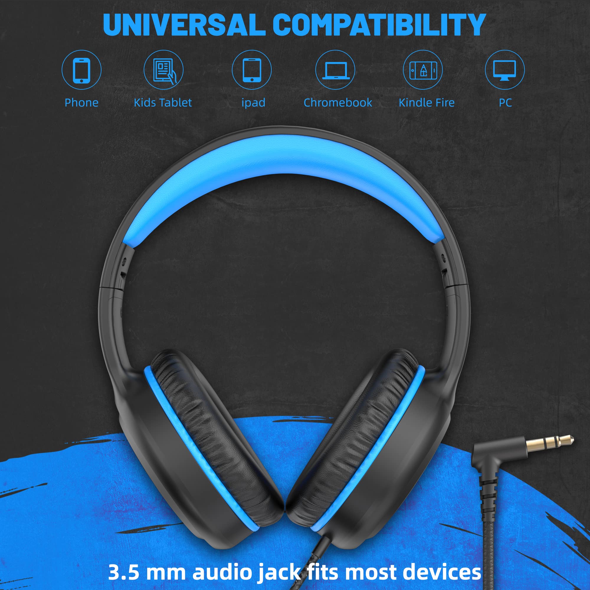 UKELALA Cuffie blu cablate per ragazzi Cuffie pieghevoli con filo per bambini Cuffie stereo portatili compatibili con computer PC Phone per scuola aula