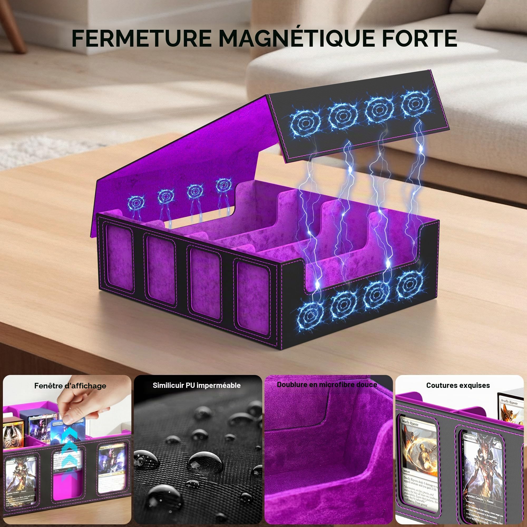 Boîte de rangement pour cartes à collectionner, Commander Deck Box pour plus de 2400 cartes MTG, étui pour cartes de sport TCG et PTCG avec étui amovible, 4 butées et 12 séparateurs (violet)