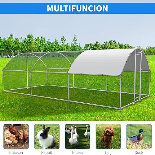 Miniatura 9 de Gallinero de metal grande, jaula para exteriores con cubierta impermeable y anti-UV, techo de cúpula para aves de corral, casa de conejo para