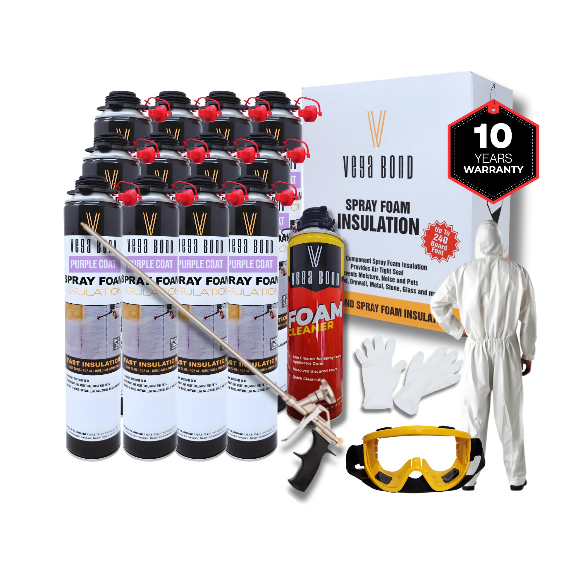 Vega Bond SF001 12-Pack Set with Long Gun, Premium Single Component, Self Expanding, Purplecoat Closed Cell Insulation Spray Foam, 29 oz w/ 5.66