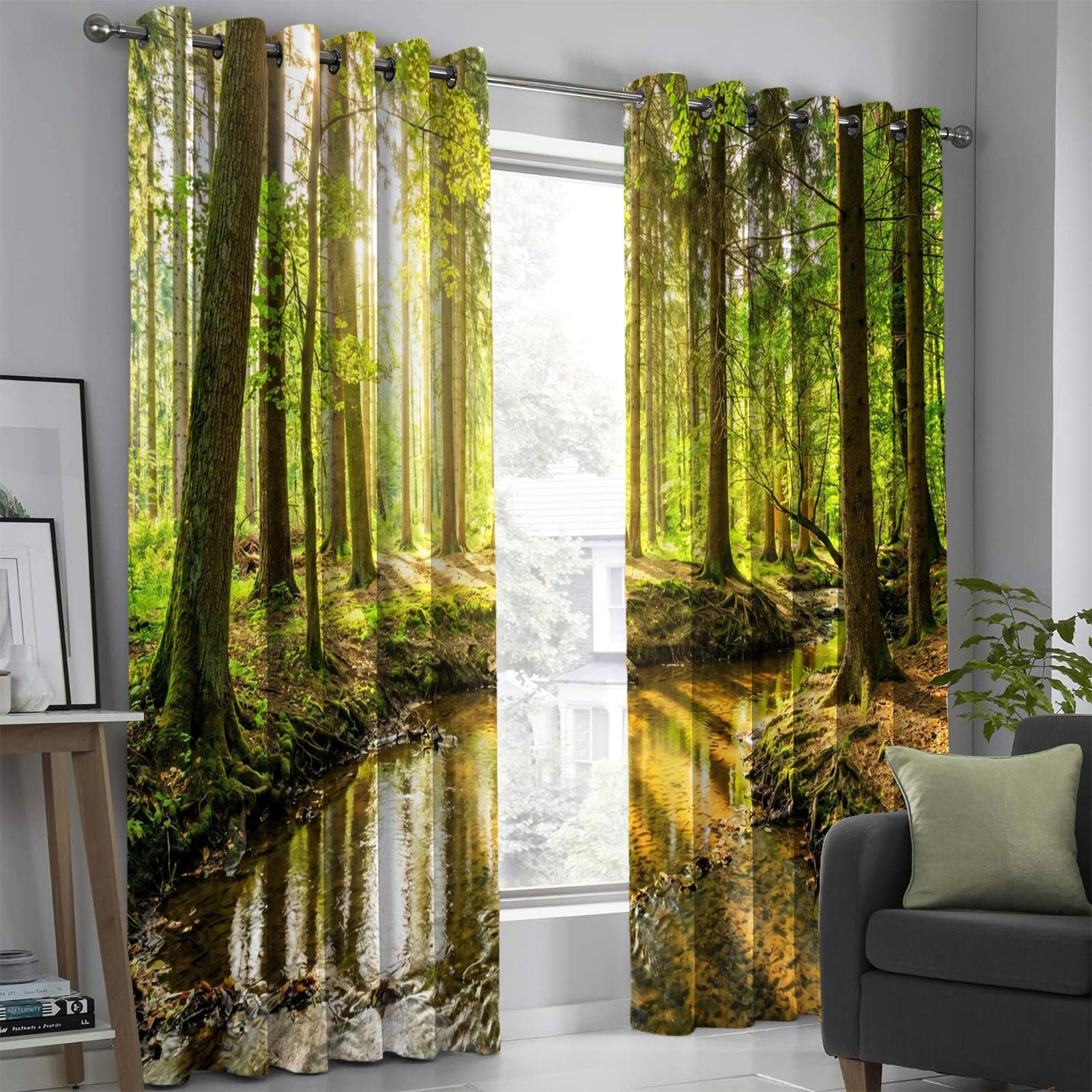 Rideau et draperies imprimé vert pour salon et fenêtre de cuisine ambiance forêt