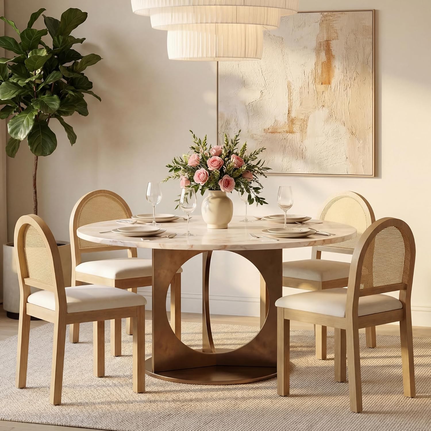 STHOUYN Upholstered Rattan Dining Chairs Set of 4, Farmhouse Solid Wood Dining Room Chair with Natural Rattan Woven Back and Chenille Seat, Mid-Century Modern Wooden Kitchen Chairs (4, Cream White)