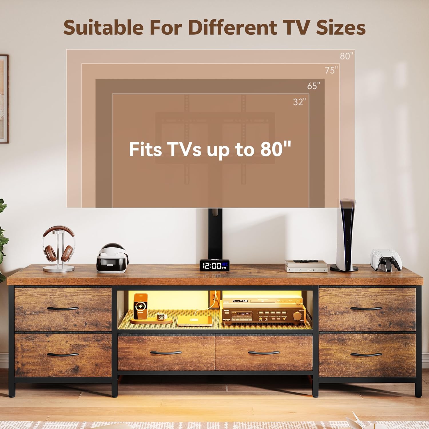 TV Stand for 80 Inch TV with Mount, LED Entertainment Center w/Fabric Drawers & Power Outlets, Industrial Media Console for Living Room, Bedroom, Open Storage Shelves - 71'' Rustic Brown