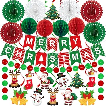 25pcs Christmas Party Decorations Merry Christmas Banner Paper Fan Garlands String Circle Dot Honeycomb Ball Swirl Streamers Snowman Santa for Xmas Decorations Indoor Home Decor