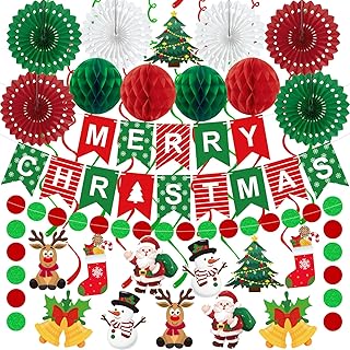 25pcs Christmas Party Decorations Merry Christmas Banner Paper Fan Garlands String Circle Dot Honeycomb Ball Swirl Streamers Snowman Santa for Xmas Decorations Indoor Home Decor
