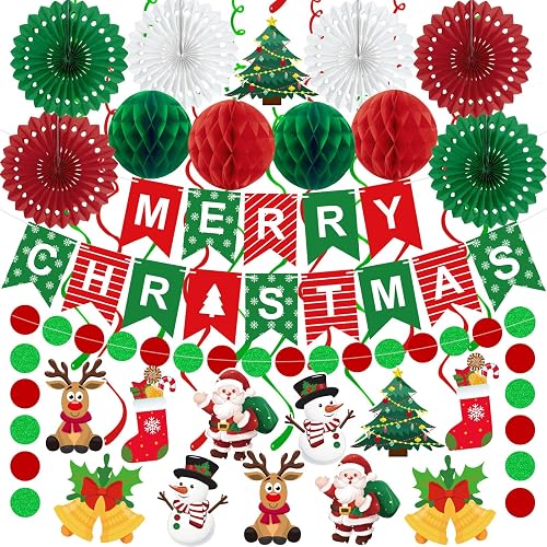 25pcs Christmas Party Decorations Merry Christmas Banner Paper Fan Garlands String Circle Dot Honeycomb Ball Swirl Streamers Snowman Santa for Xmas Decorations Indoor Home Decor